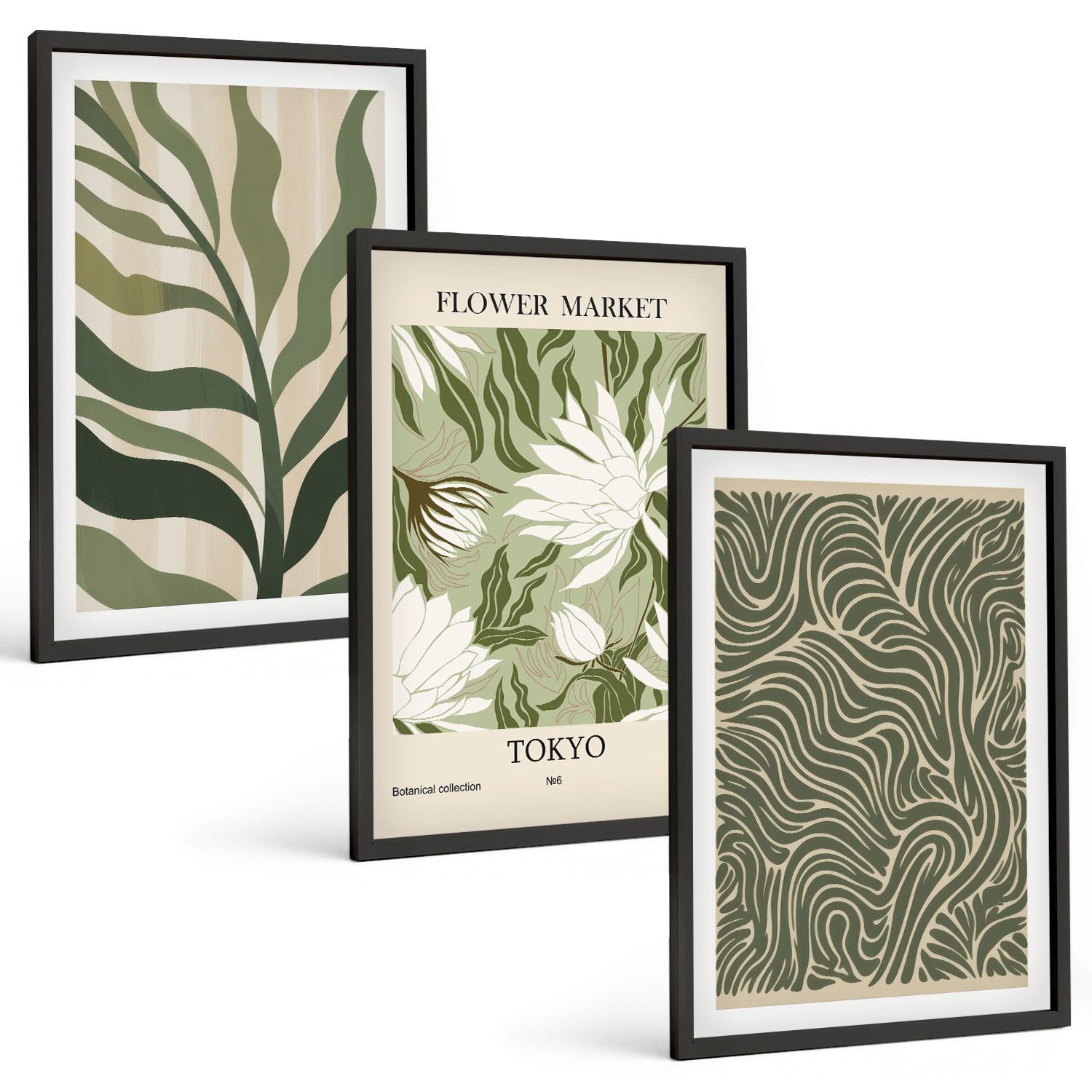 BILDER SET 3er Set - 40x60 cm Schwarzer Rahmen - Pflanzenmuster, Boho-Dekorationen - Schwarz, Kunststoff (40/60cm) - TULUP