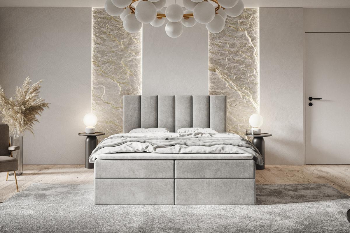 BOXBETT TOKIO mit 2 Bettkästen, 180x200, Farbe: Sand, Velourstoff, Doppelbett mit Bonell-Matratze - Sahara, Holz/Kunststoff (180/200cm) - Alpi-Möbel