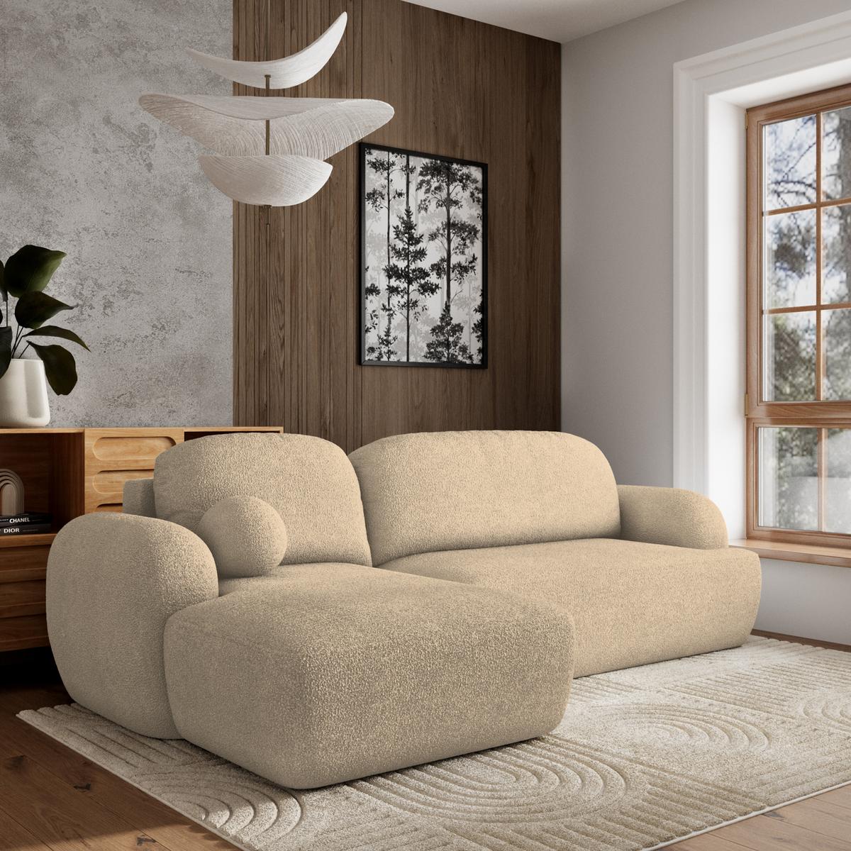 ECKSOFA MODENZA N L-S Creme Boucle-Stoff mit Schlaffunktion - Creme/Schwarz, Holz/Kunststoff (266/148cm) - MASSENO