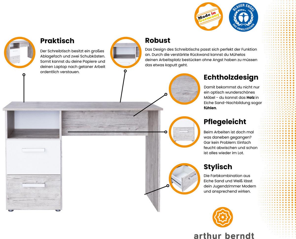 SCHREIBTISCH Bente mit 2 Schubkästen - Eichefarben/Weiß, Holzwerkstoff (115/77/60cm) - arthur berndt