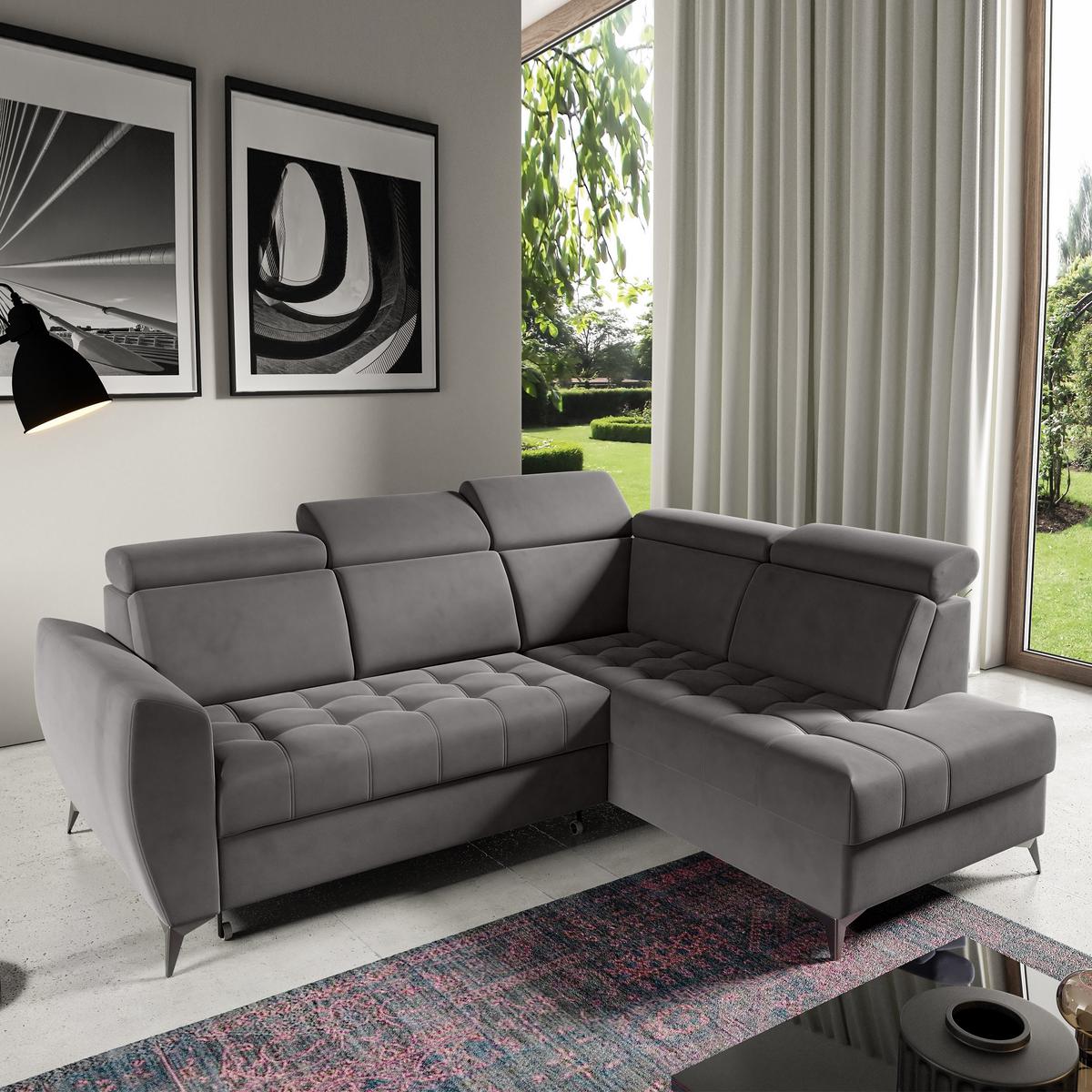 ECKSCHLAFSOFA Aurora II mit verstellbare Kopfstützen, Dunkelgrau, rechts - Dunkelgrau/Schwarz, Textil (266/204cm) - Beautysofa