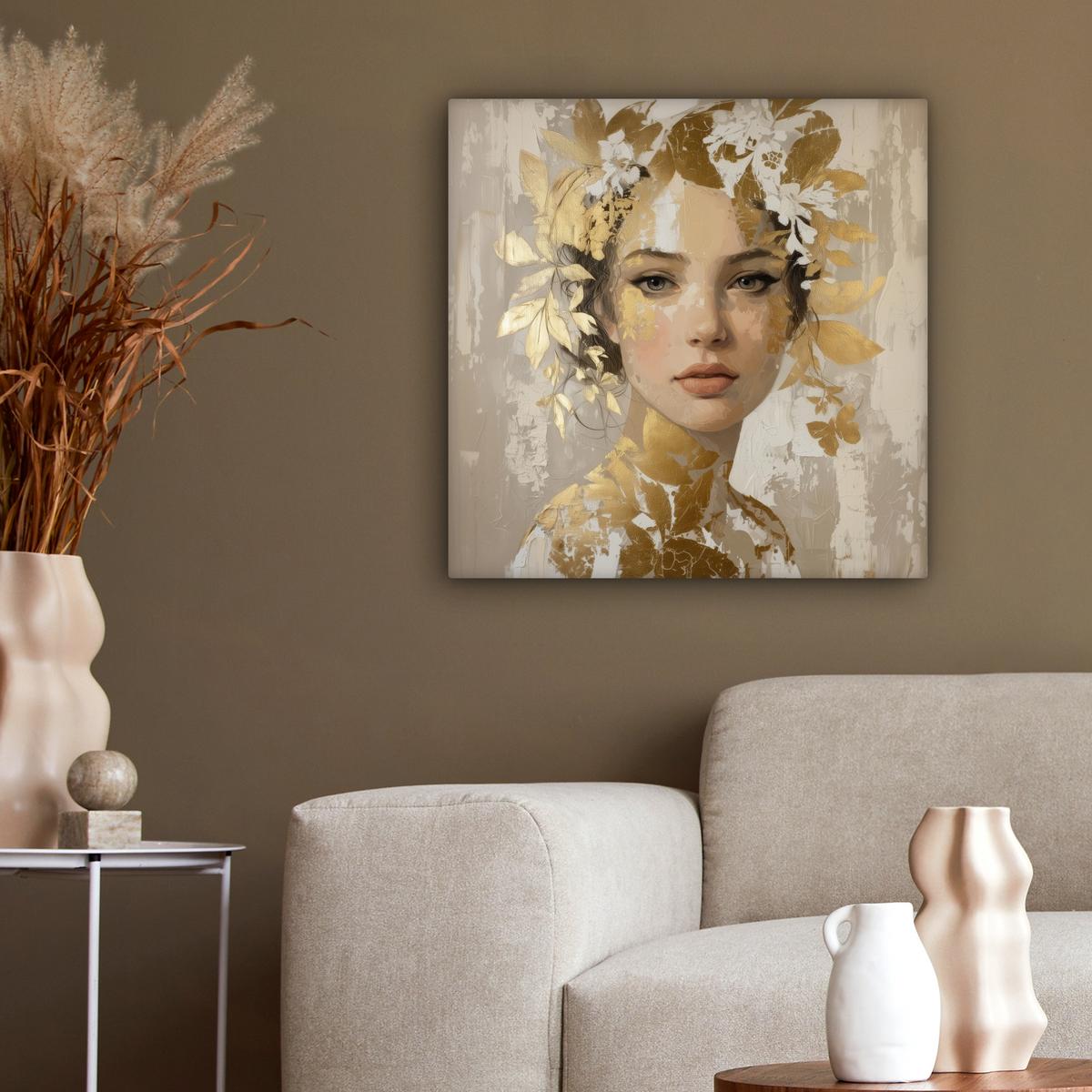 LEINWANDBILD Gesicht - Frau - Blätter - Gold Wandbild Wohnzimmer 50x50 cm - Beige, Textil (50/50cm) - MuchoWow