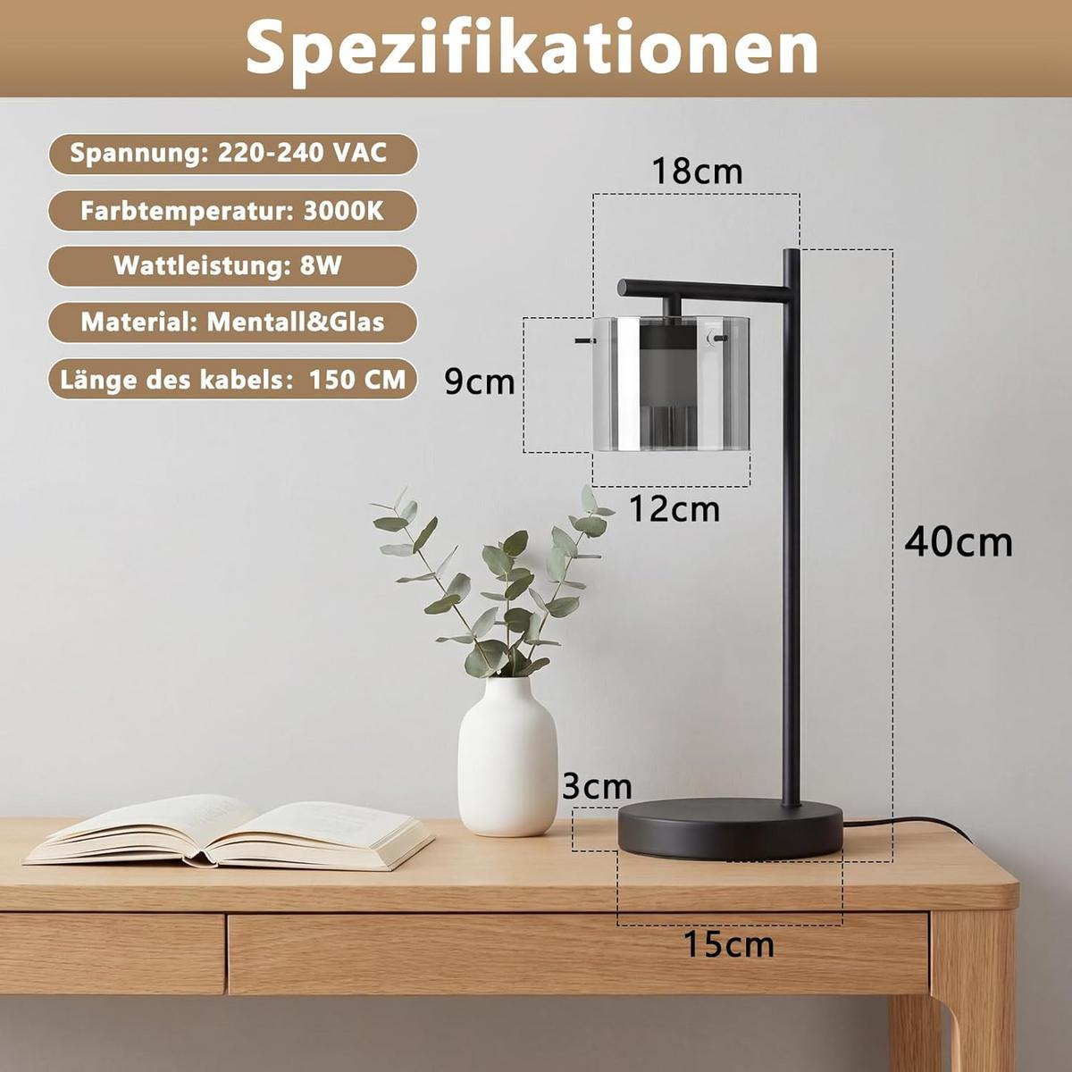 LED TISCHLAMPE Ulenkir 18/12/40 cm - Schwarz, Glas/Metall (18/12/40cm) - ZMH