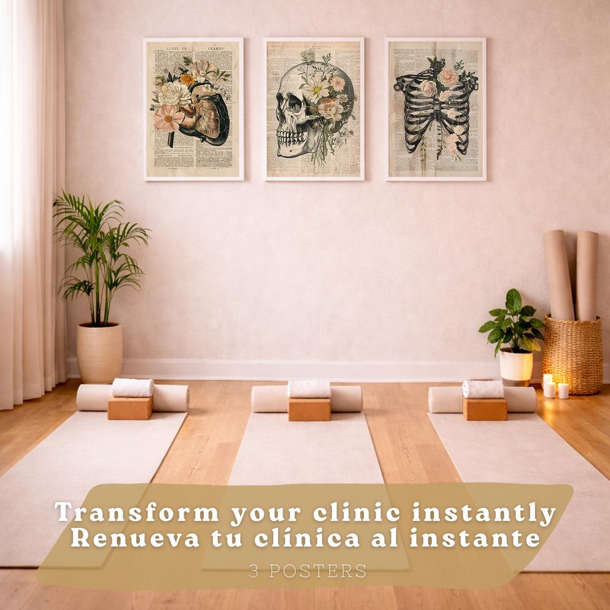 POSTER Set aus 3 Anatomie Mensch Drucke und Wandbilder mit Leber Rippen und Schädel Retro Floraler Stil Wanddekoration Größe Weißer Rahmen A4 - Weiß, Papier (21/29.7/3cm) - Nacnic