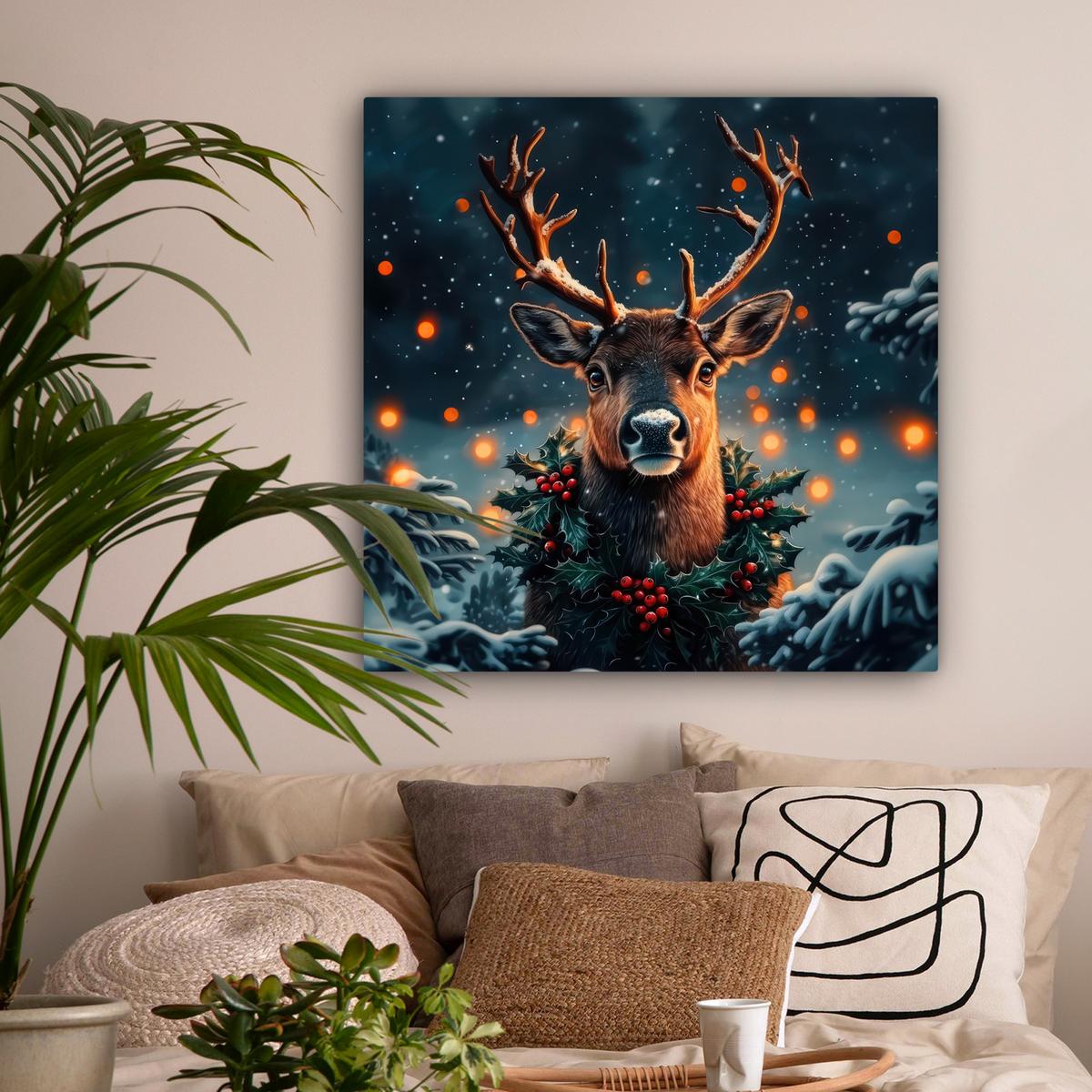 LEINWANDBILD Hirsch - Weihnachten - Winter - Schnee - Weihnachtskranz Deko Groß 90x90 cm - Dunkelbraun, Textil (90/90cm) - MuchoWow