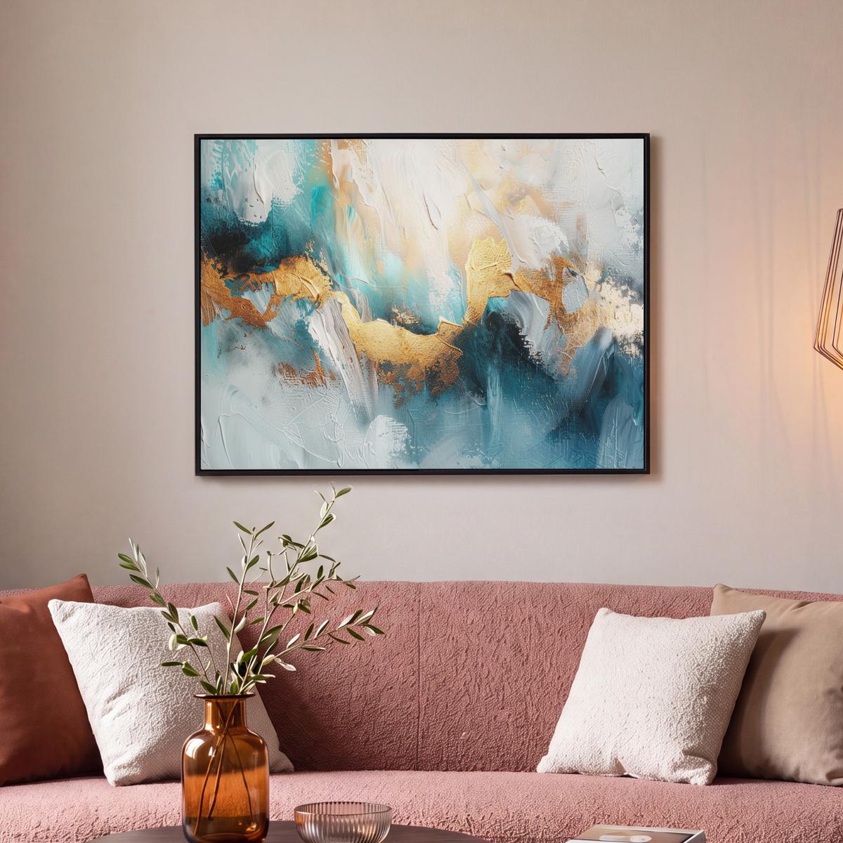 LEINWAND Bilder mit Rahmen - Abstrakt - Kunst - Gold - Blau - 80x60 - Petrol, Textil (80/60cm) - MuchoWow