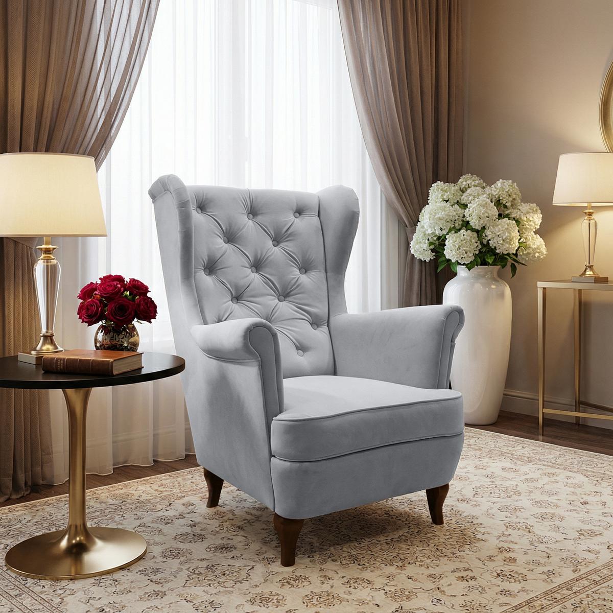 CHESTERFIELD-SESSEL Falco hellgrau mit Holzbeinen - Wengefarben/Hellgrau, Holz/Textil (82/102/92cm) - Beautysofa