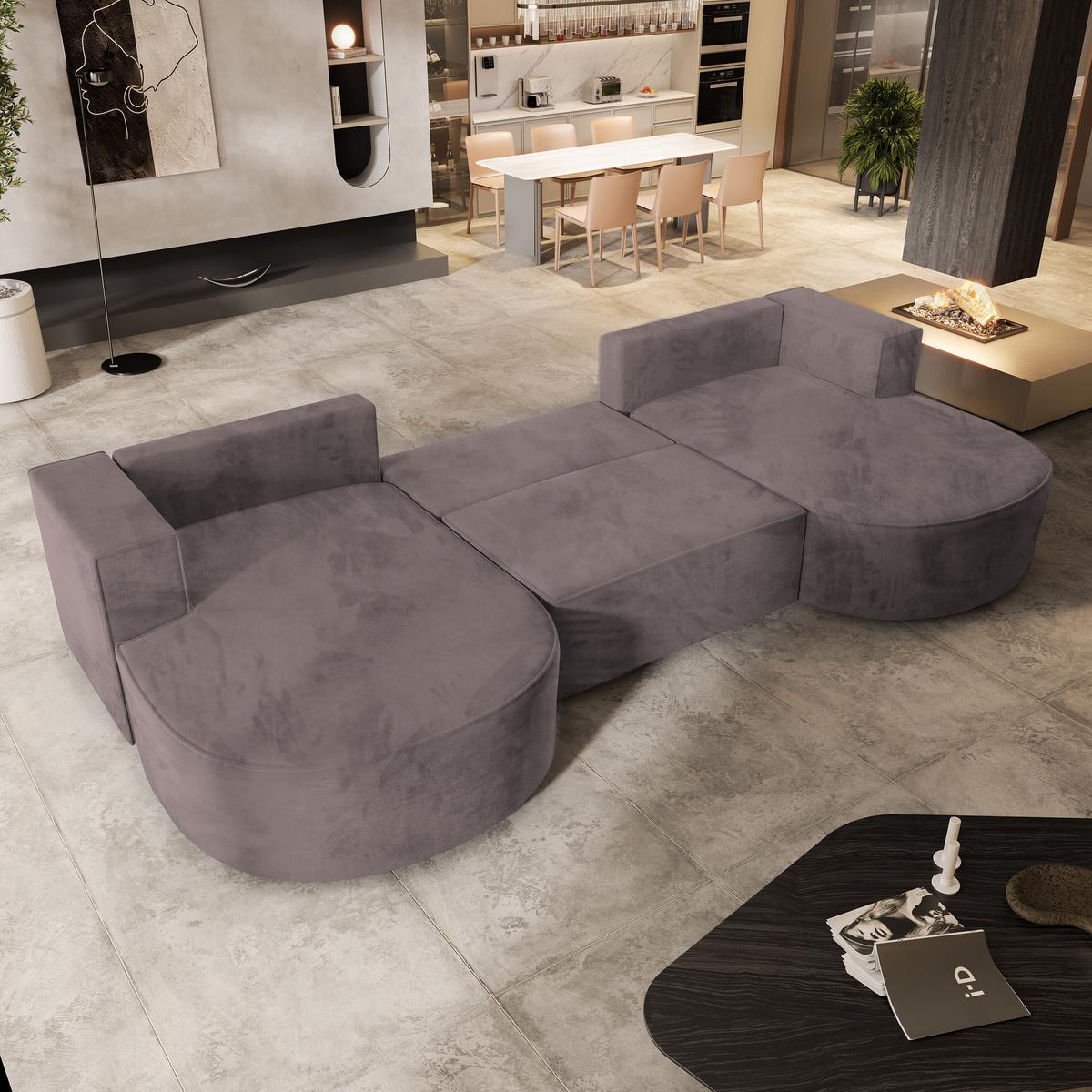 WOHNLANDSCHAFT VEZZO M Lila Velours-Stoff mit Schlaffunktion - Lila, Holz (347/85/174cm) - MASSENO