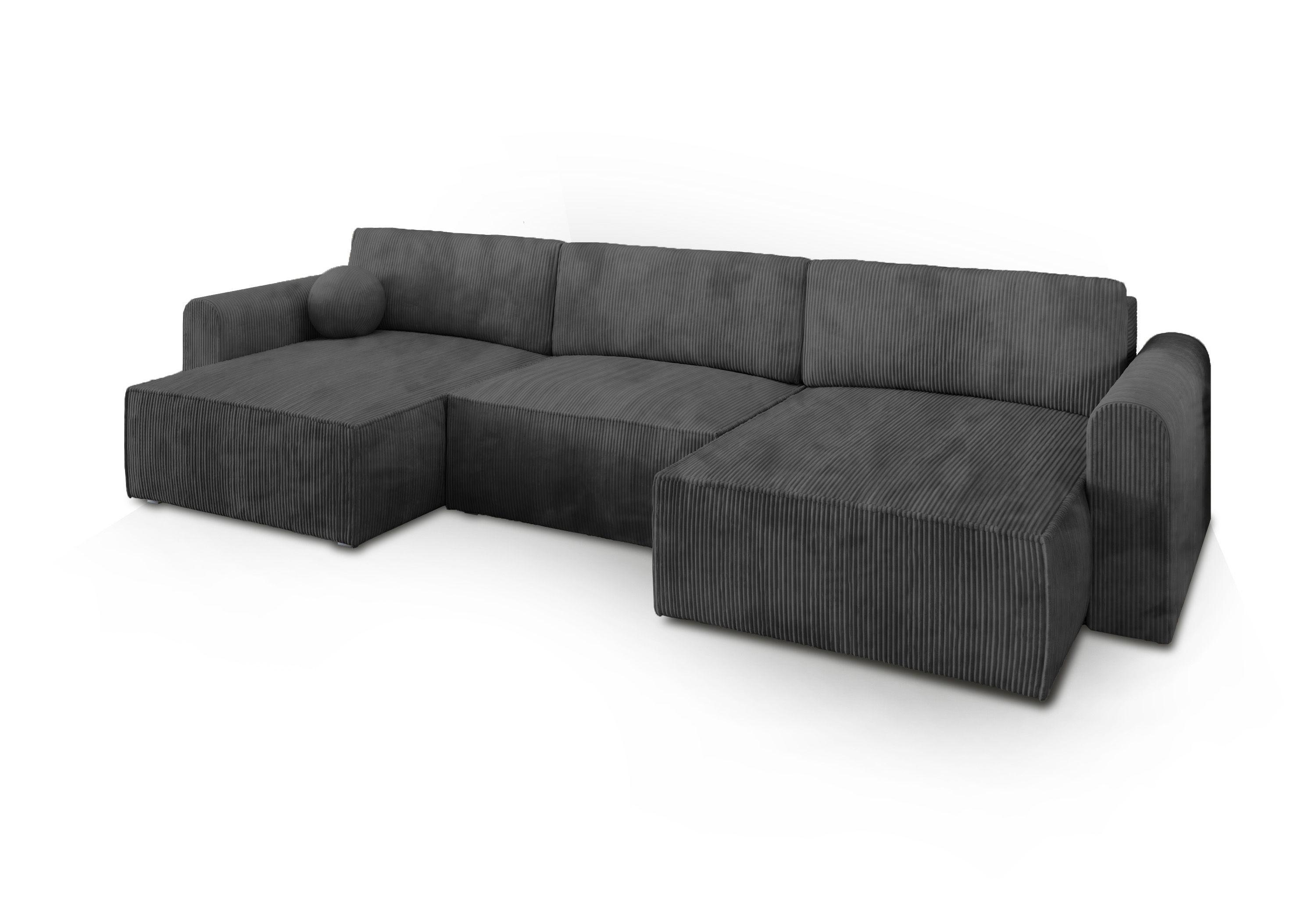 WOHNLANDSCHAFT FENTO P Graphitfarben Kordstoff mit Schlaffunktion - Graphitfarben/Grau, Holz/Kunststoff (347/90/148cm) - MASSENO