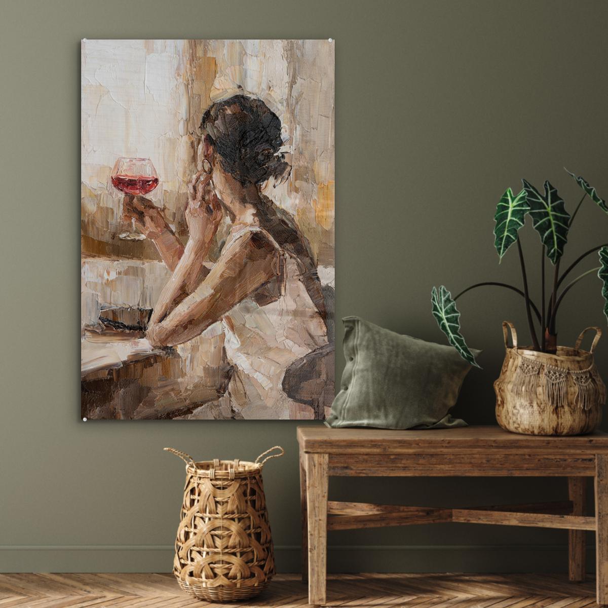 ACRYLGLASBILD Ölgemälde - Frau - Wein 80x120 cm - Hellbraun, Glas (80/120cm) - MuchoWow