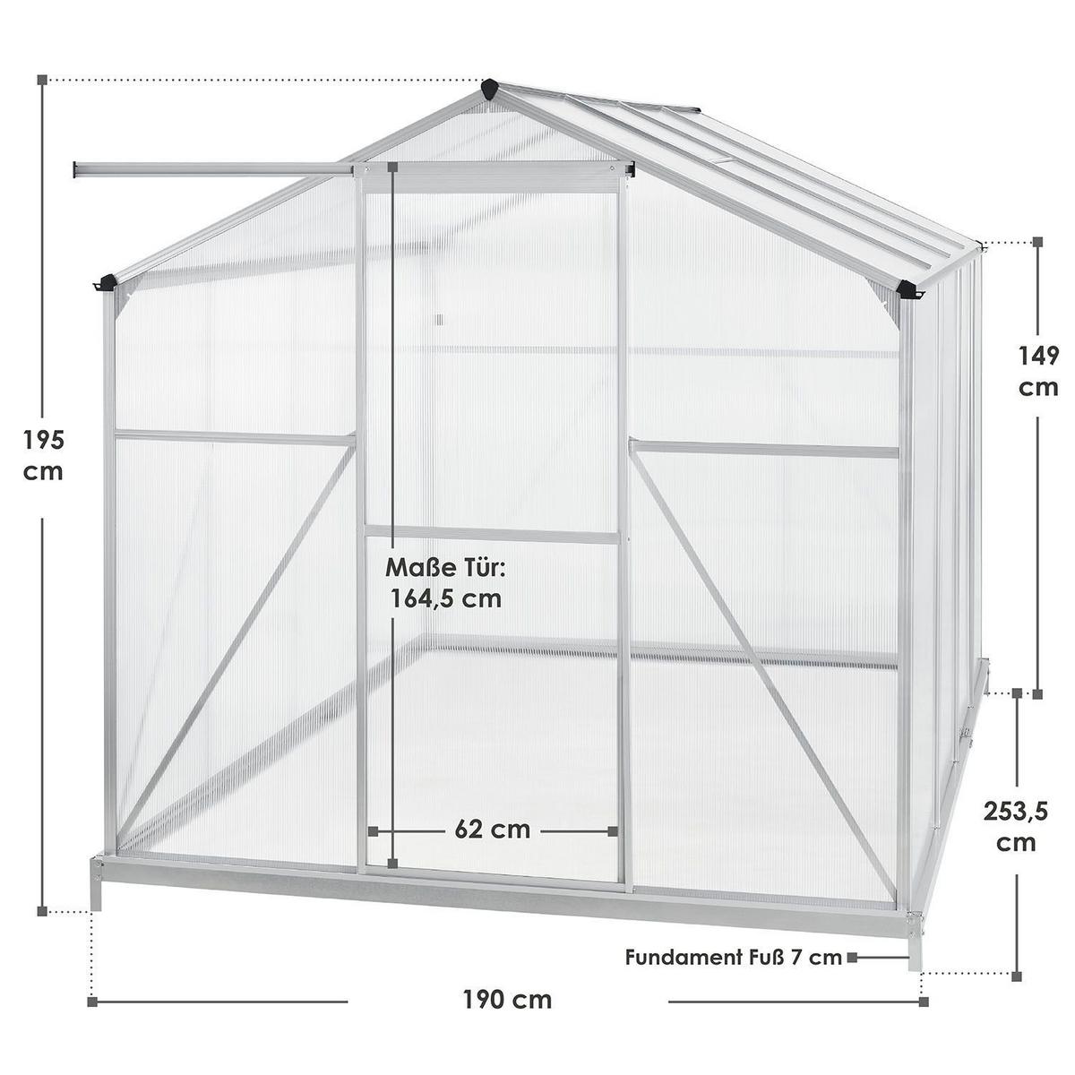 GEWÄCHSHAUS GH250F1 Aluminium 4,75m² - Silberfarben, Metall (190/195/253cm) - Juskys