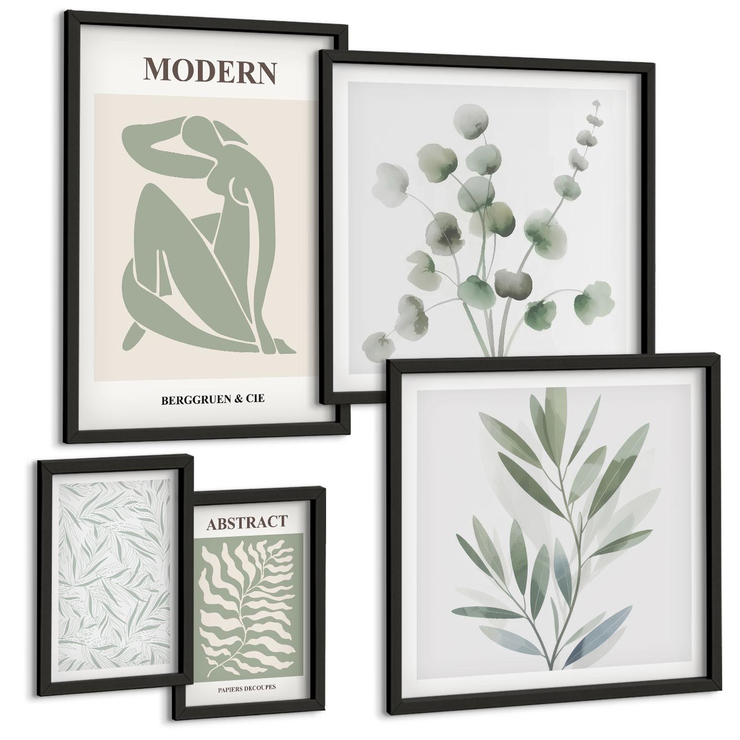 BILDER SET 5er Set - 50x50 cm & 20x30 cm & 40x60 cm Schwarzer Rahmen - Matisse entwirft Boho-Pflanzen - Schwarz, Kunststoff (40/60cm) - TULUP