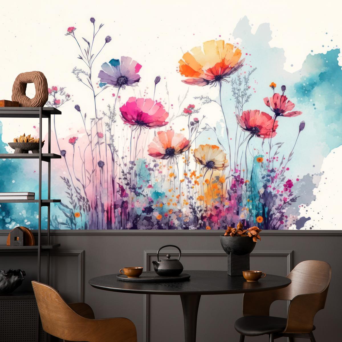 FOTOTAPETE für Schlafzimmer Abstrakte Bunte Wiesenblumen Aquarell 350x256 - Türkis/Rot, Papier (350/256cm) - Muralo