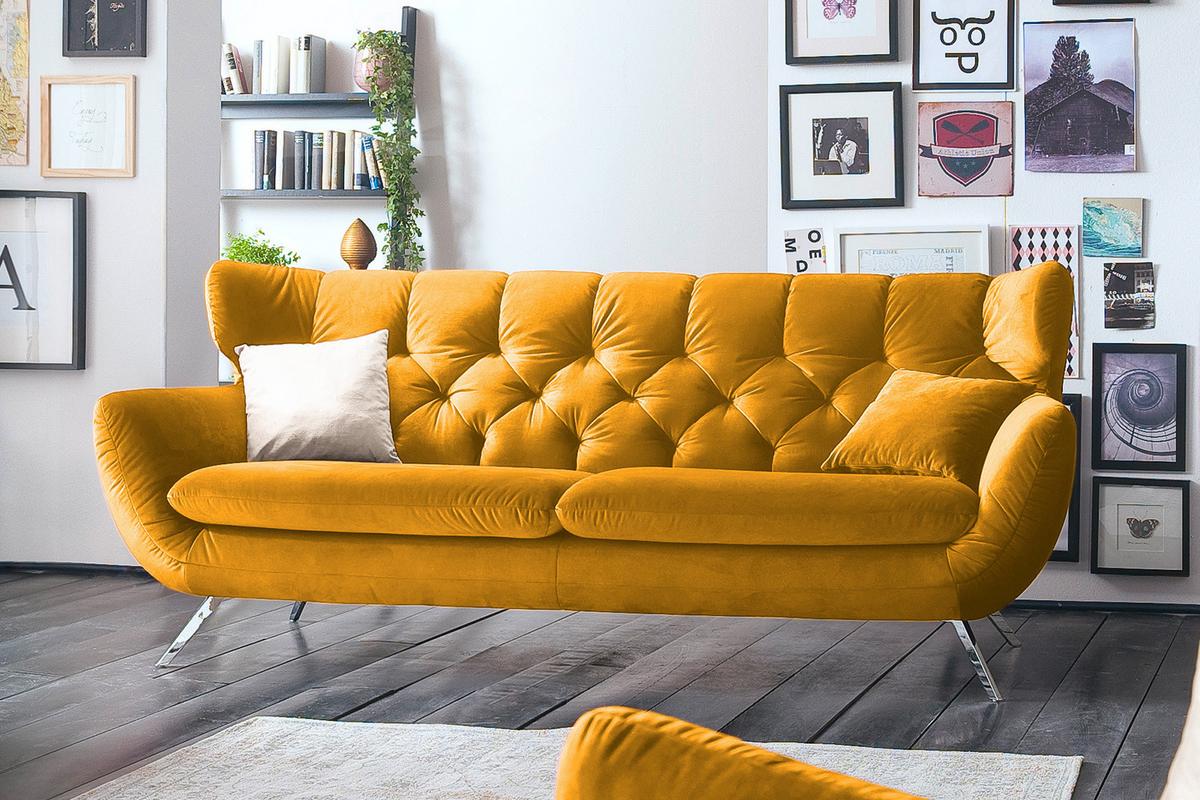 SOFA CHARME Gelb Velvet - Currygelb/Petrol, Textil (225/94/95cm) - KAWOLA