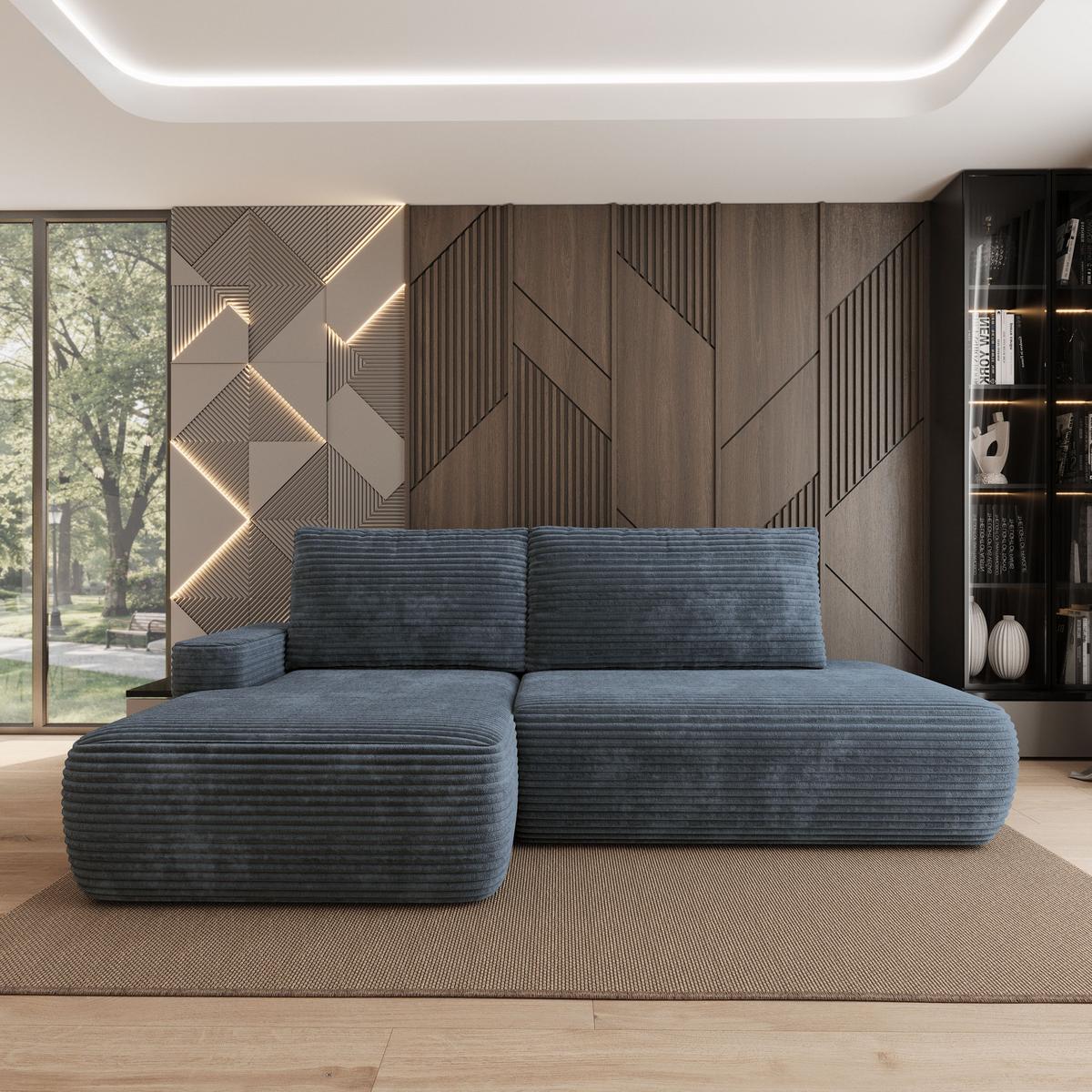 ECKSOFA AVINI T L-S Grau Kordstoff mit Schlaffunktion - Grau, Holzwerkstoff/Textil (277/160cm) - MASSENO