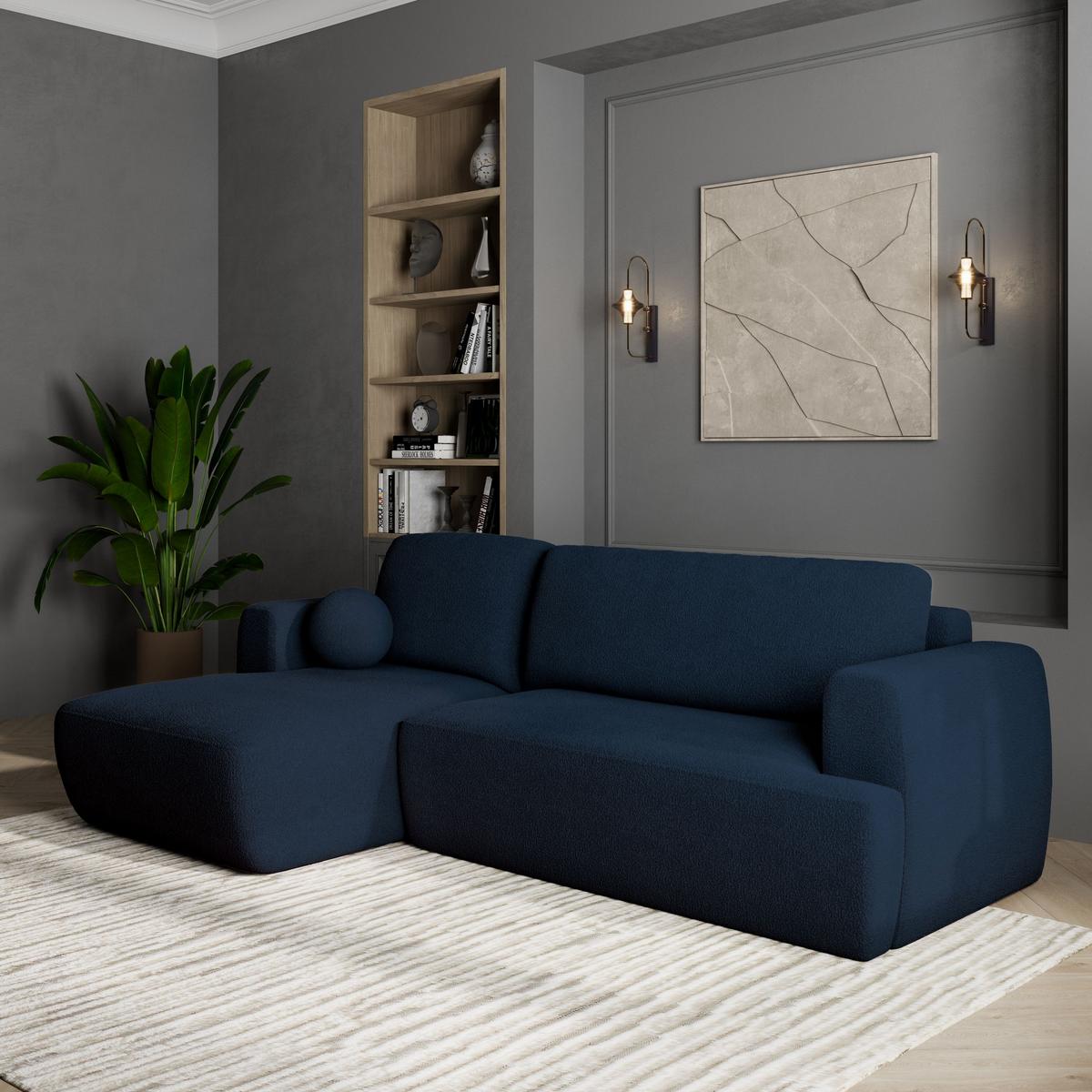 ECKSOFA SENTI N L-S Blau Boucle-Stoff mit Schlaffunktion - Blau/Schwarz, Holz/Kunststoff (246/148cm) - MASSENO