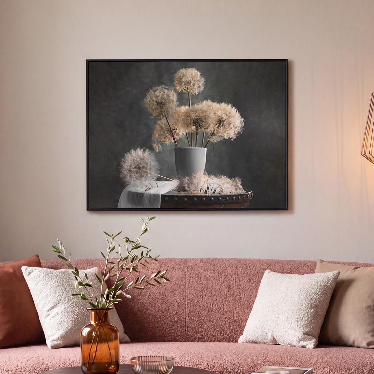 LEINWAND Bilder mit Rahmen - Blumensamen - Löwenzahn - Vase - Stilleben - Blumenstrauß - 70x50 - Dunkelgrau, Textil (70/50cm) - MuchoWow
