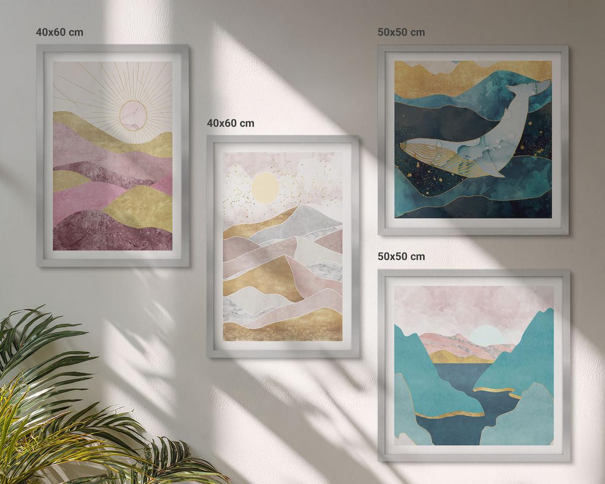 BILDER SET 4er Set - 50x50 cm & 40x60 cm Silberner Rahmen - Abstrakte Berge Sonne - Silberfarben, Kunststoff (50/50cm) - TULUP