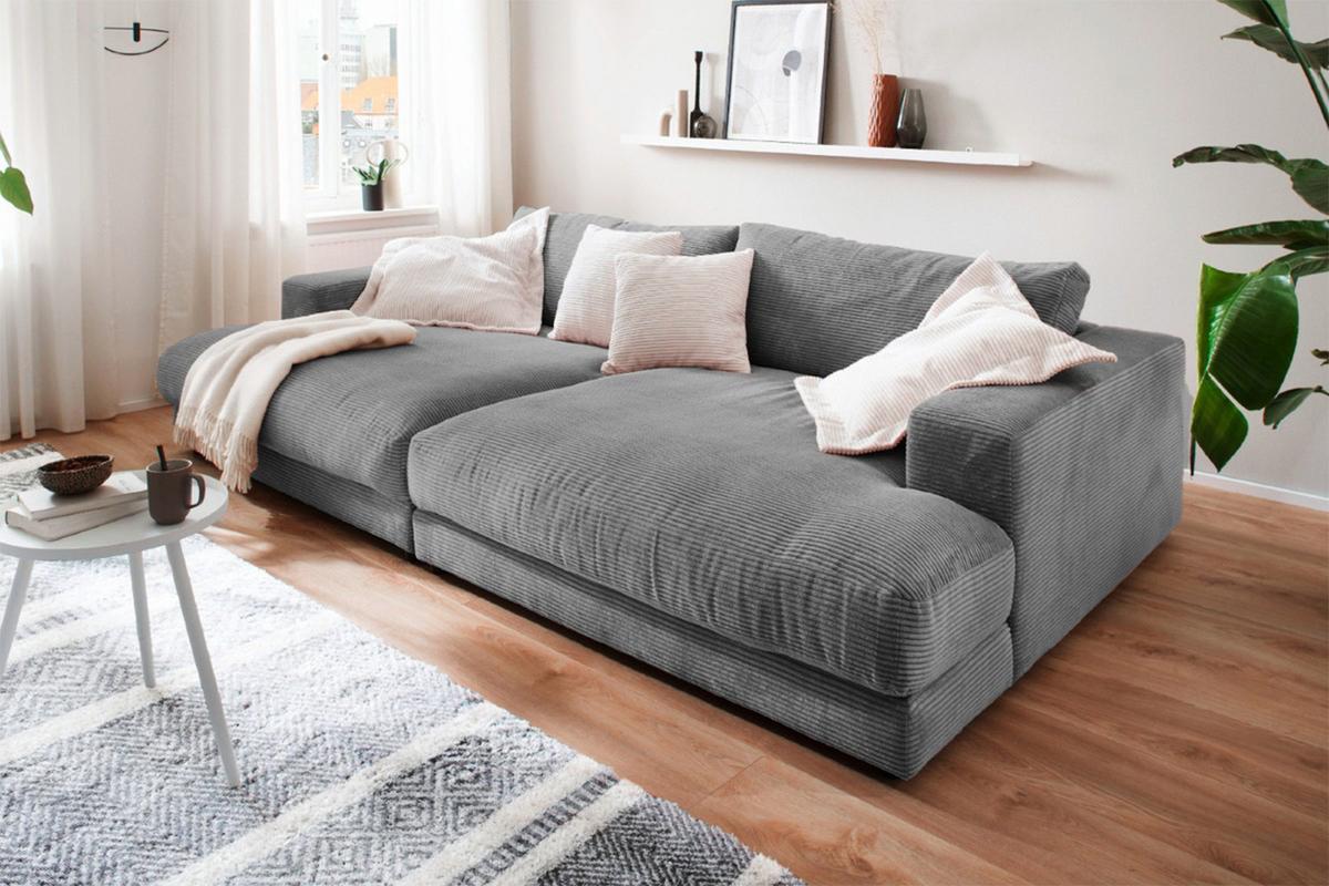 BIG SOFA XL MIT TABLETT MADELINE Grau Cord - Schwarz/Grau, Kunststoff/Textil (290/85/190cm) - KAWOLA