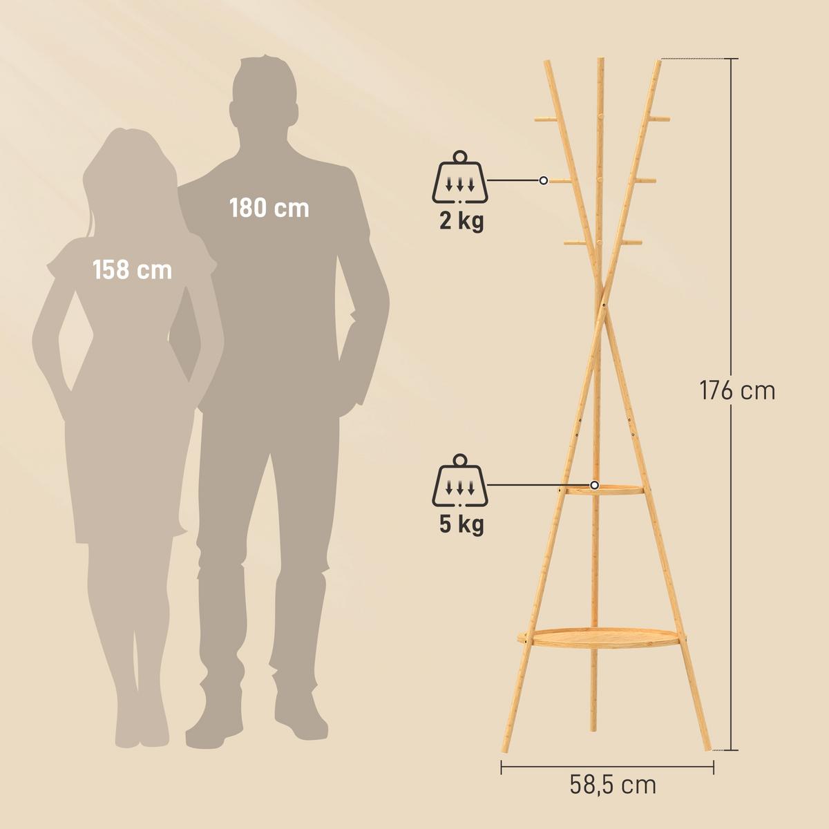 GARDEROBENSTÄNDER Bambus MDF Naturholz - Naturfarben, Naturmaterialien/Holzwerkstoff (58.5/176/58.5cm) - HOMCOM