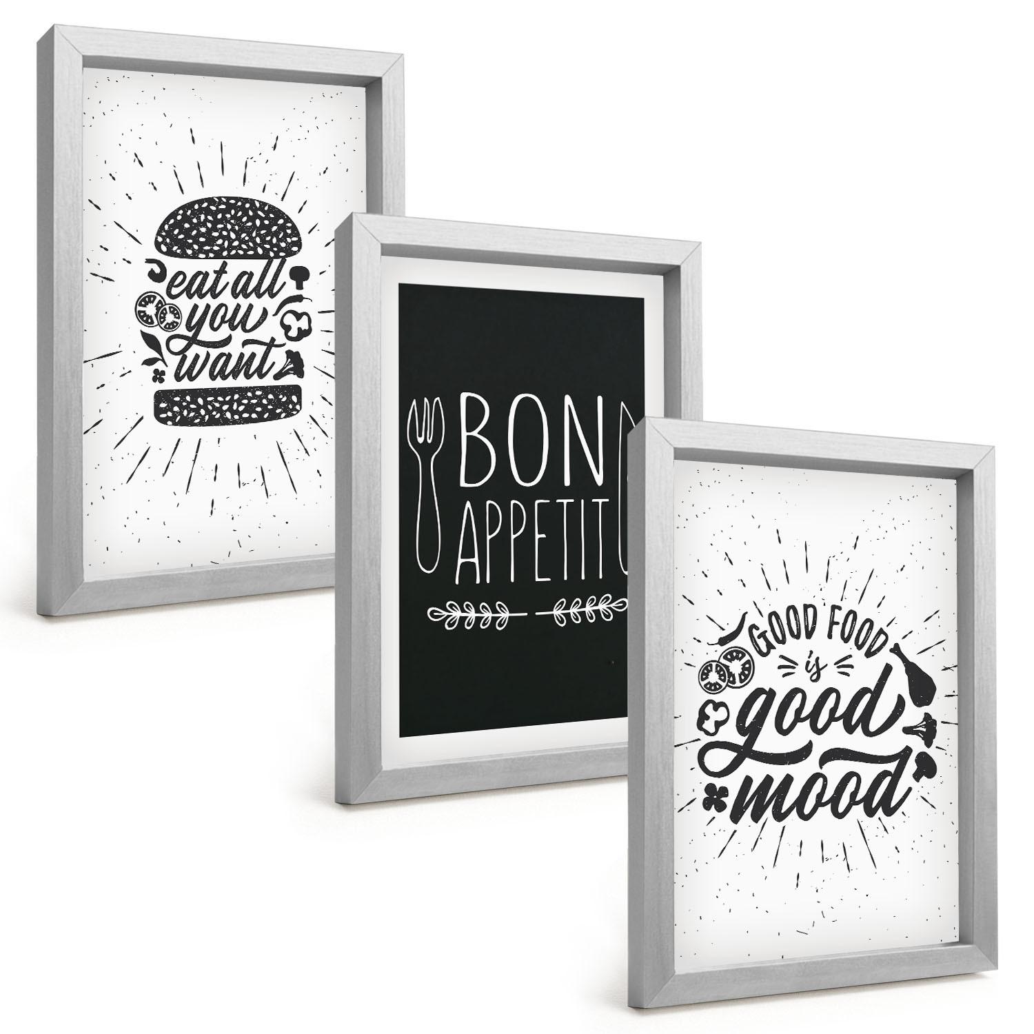 BILDER SET 3er Set - 20x30 cm Silberner Rahmen - Grafiken, Lebensmittel, kulinarische Slogans - Silberfarben, Kunststoff (20/30cm) - TULUP