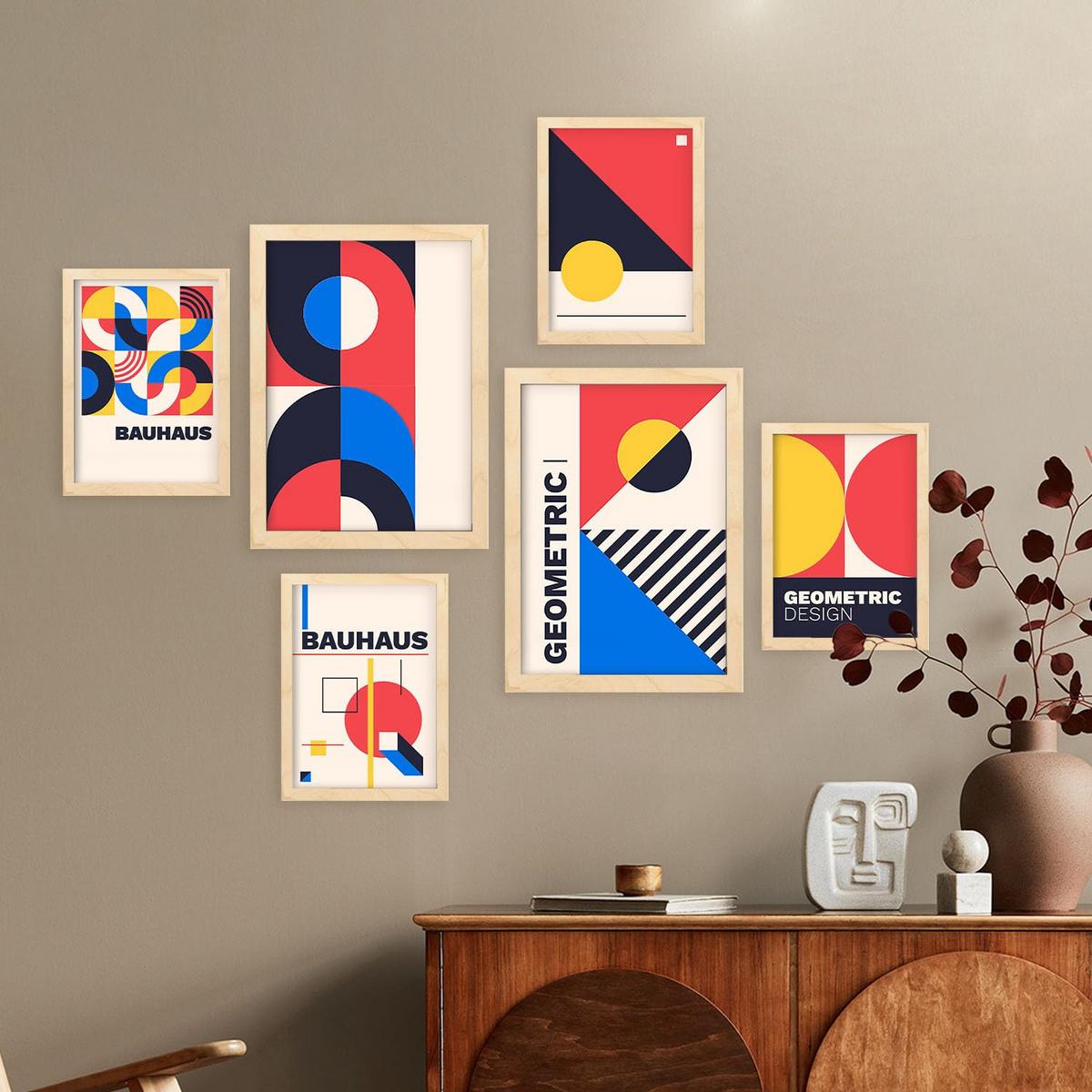 POSTER Set Mit 6 Drucken Im Bauhaus 5 Geometrische Designkollektion Drucke Mit Ästhetische Dekorative Für Zuhause A3 & A4 Rahmen Aus Hellem Holz - Beige, Papier (29/3cm) - Nacnic