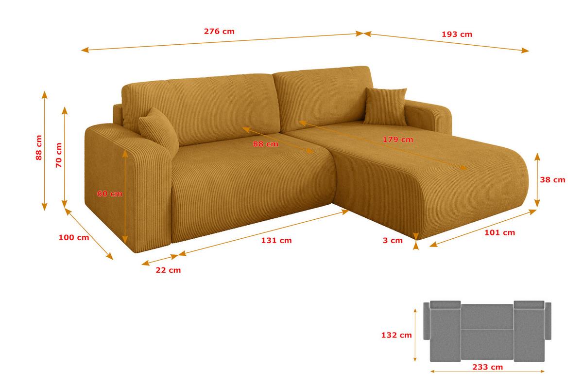 ECKSOFA mit Schlaffunktion Ottomane Rechts BERY-L 276x193x88 Senfgelb Cord - Dunkelgelb/Schwarz, Holzwerkstoff/Kunststoff (276/193cm) - ALTDECOR