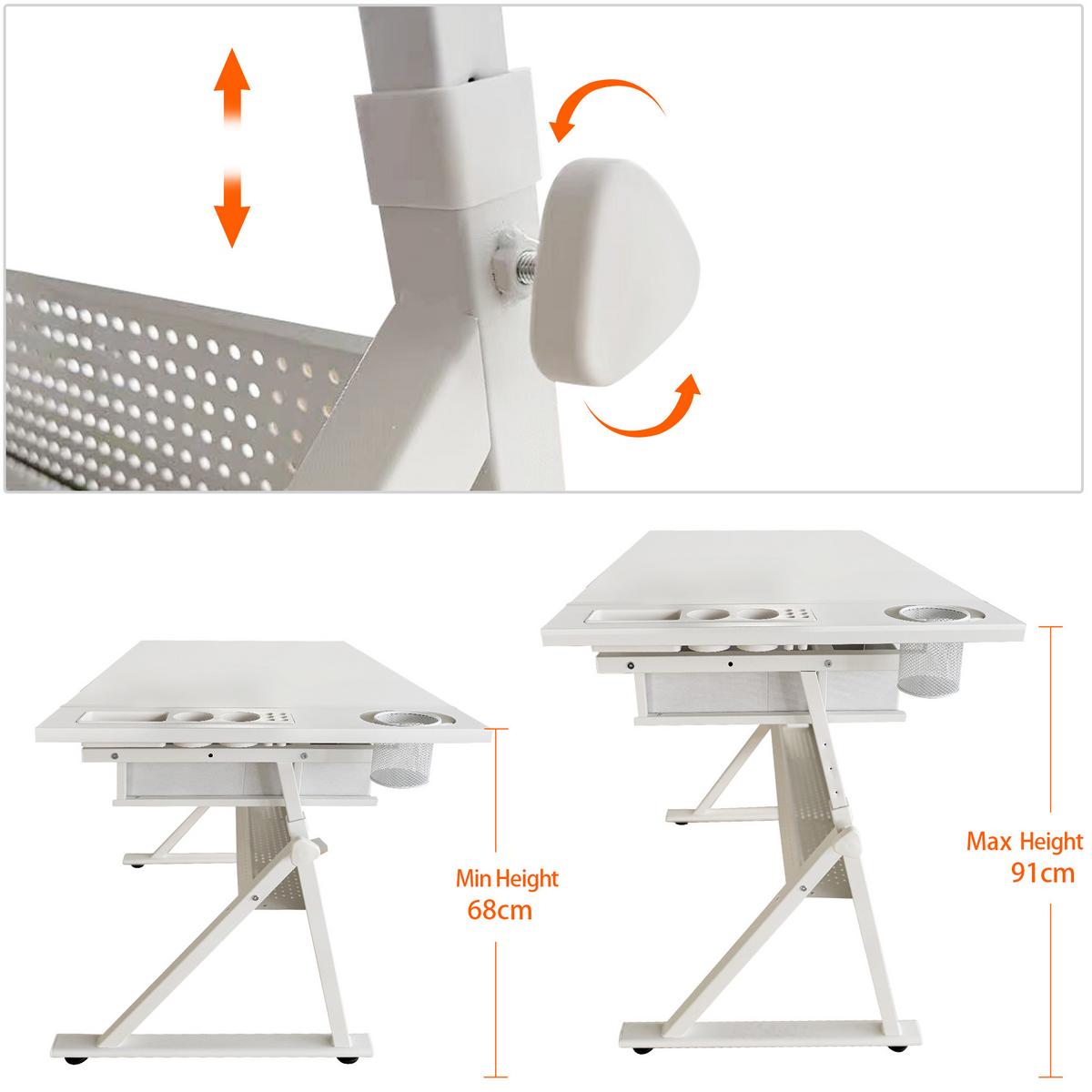 SCHREIBTISCH Zeichentisch Höhenverstellbar Neigbar Weiß inkl Hocker & Schubladen - Weiß, Holzwerkstoff (60/98/68cm) - Urban Meuble