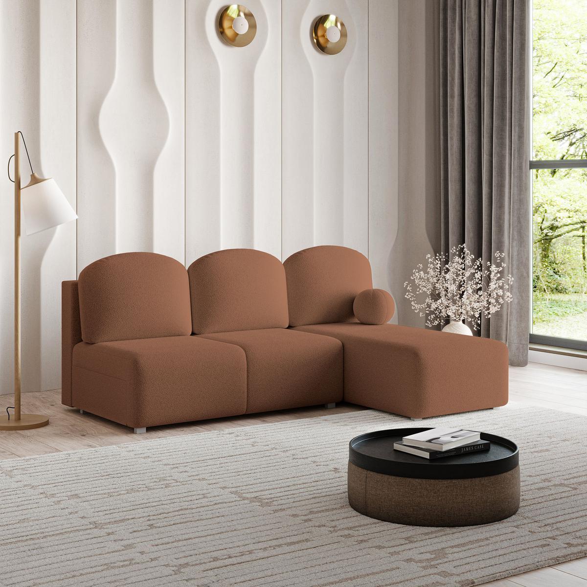 ECKSOFA TRAMA Kupferfarben Boucle-Stoff mit Schlaffunktion - Kupferfarben, Holz (200/143cm) - MASSENO
