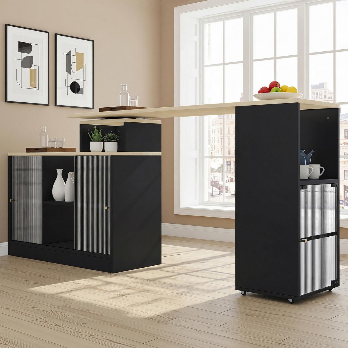 KÜCHENINSEL ausziehbar 170 cm Schwarz – Drehbare Barinsel mit Glas-Schiebetüren & Stauraum - Schwarz, Holzwerkstoff (115/60/100cm) - Urban Meuble