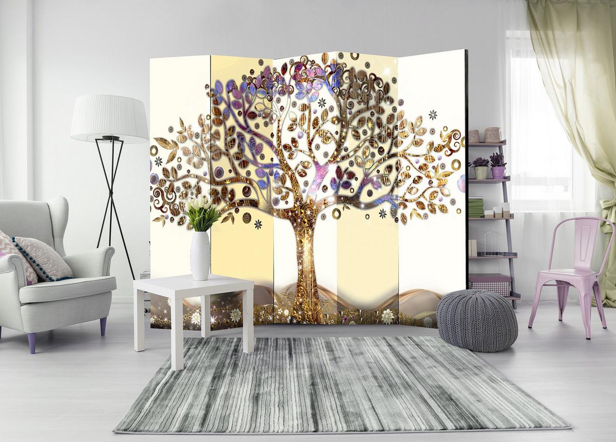 PARAVENT Akustik 5-tlg 225x172 cm Goldener Baum - Multicolor, Holz/Textil (225/172/3cm) - Muralo