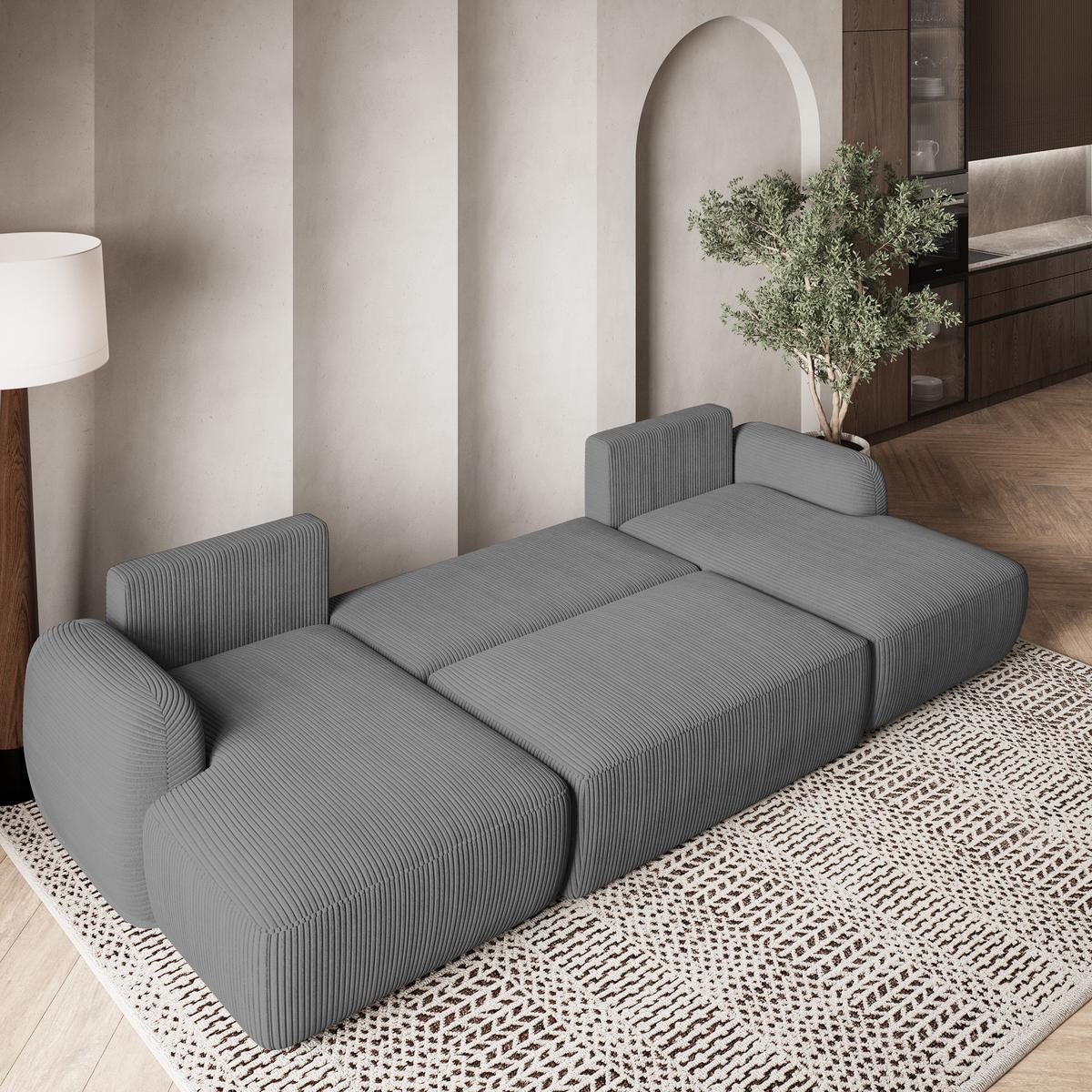 WOHNLANDSCHAFT SAVONA P Grau Kordstoff mit Schlaffunktion - Schwarz/Grau, Holz/Kunststoff (320/90/148cm) - MASSENO