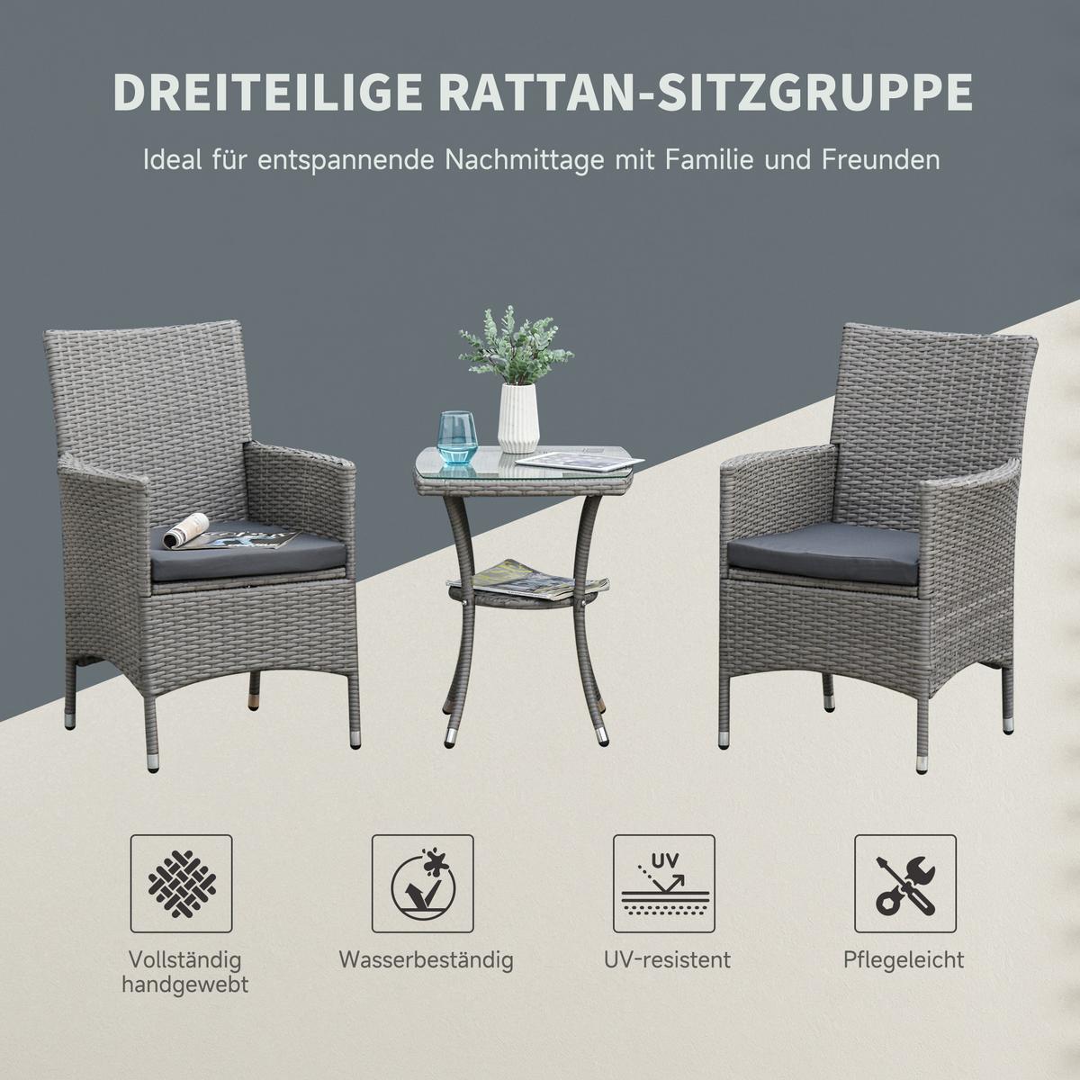RATTAN Gartenmöbel Set mit Beistelltisch, Bistroset 3-tlg., Polyrattan + Stahl - Grau, Metall - Outsunny