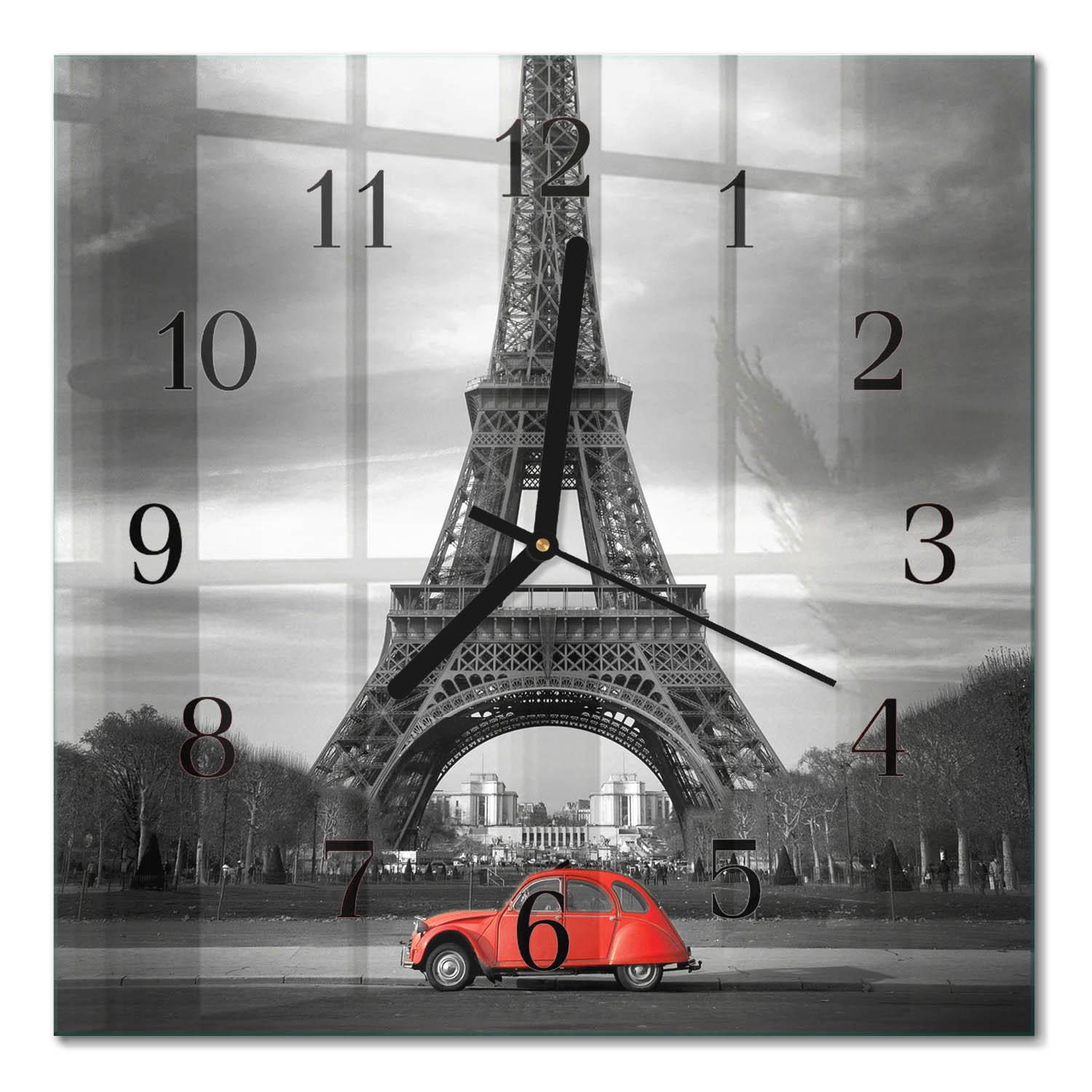 WANDUHR aus Glas 30x30 cm - Eiffelturm-Auto - Rot, Glas (30/30/0.4cm) - TULUP