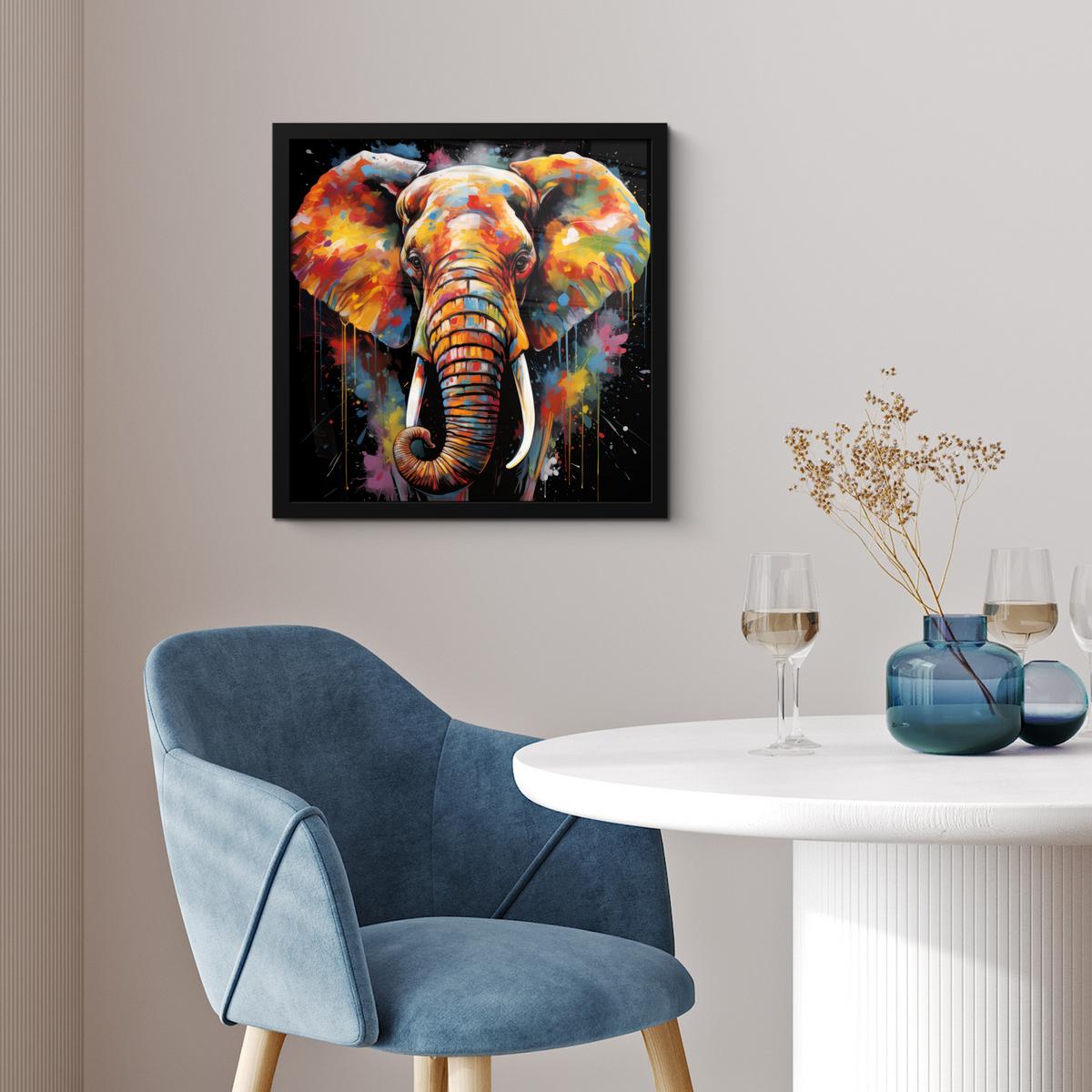 POSTER MIT RAHMENGERAHMTES BILD Elefant - Graffiti - Schwarz - Tiere - Farben 40x40 cm - Schwarz, Papier (40/40cm) - MuchoWow