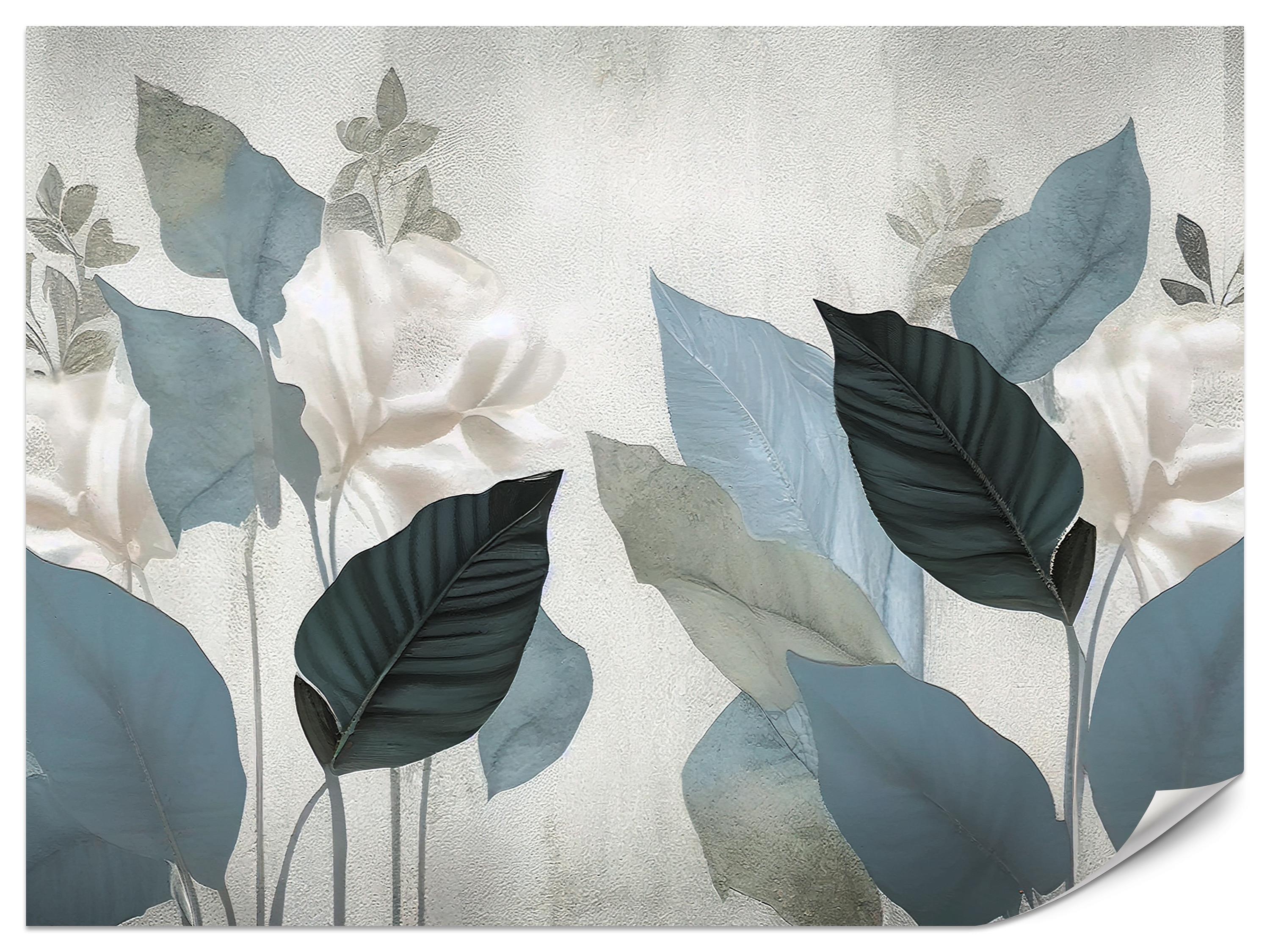 FOTOTAPETE für Wohnzimmer Blaue Blätter Beton Vintage Minimalistisch 450x315 - Grau, Papier (450/315cm) - Muralo