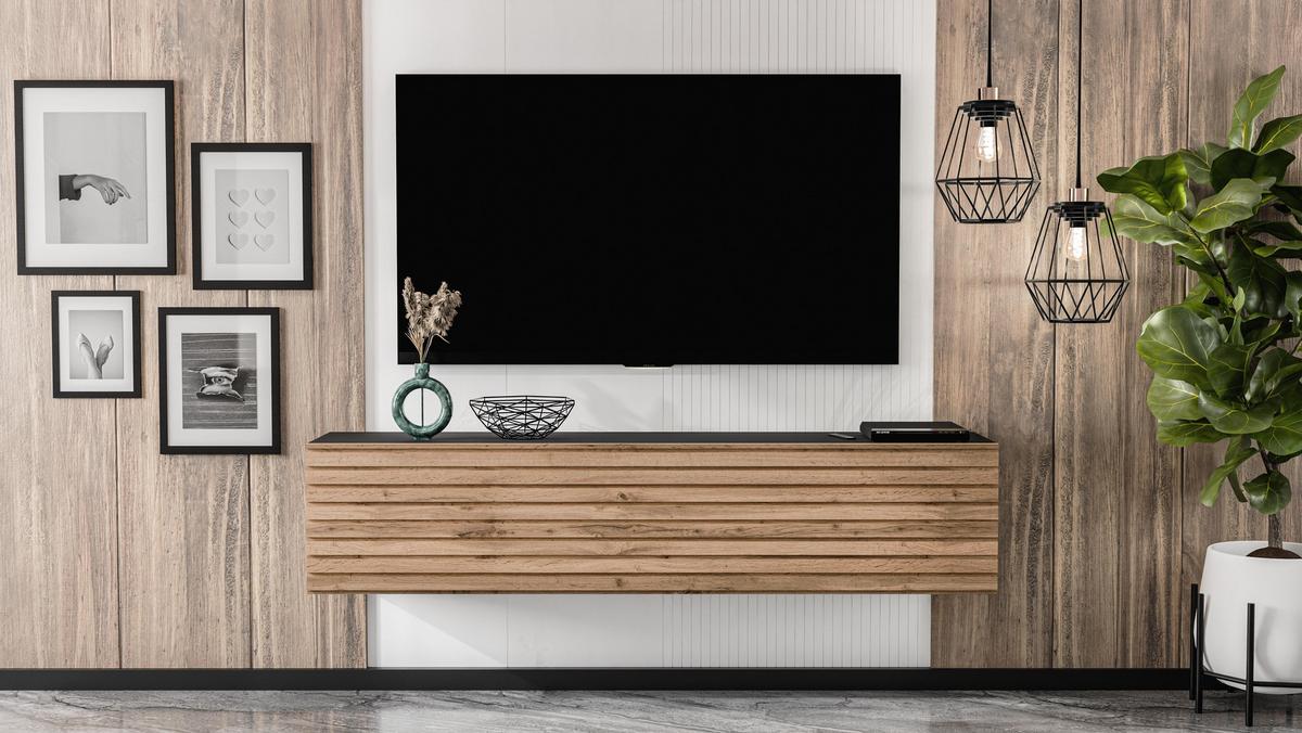 LOWBOARD ZIVOLLI 160 Schwarz, Wotan Lamellen 160/34/40 cm – TV-Hängeschrank mit Lamellenfront - Hellbraun/Schwarz, Holzwerkstoff/Kunststoff (160/34/40cm) - AX Living