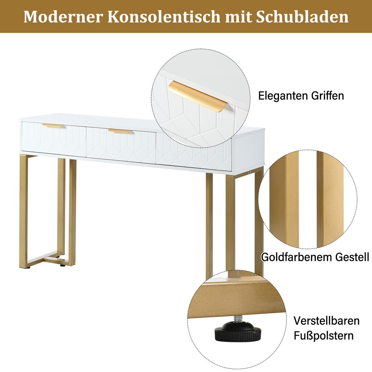 KONSOLENTISCH in weiß mit goldfarbenem metallgestell, 3 schubladen - Weiß, Holzwerkstoff (36/120/80cm) - Urban Meuble