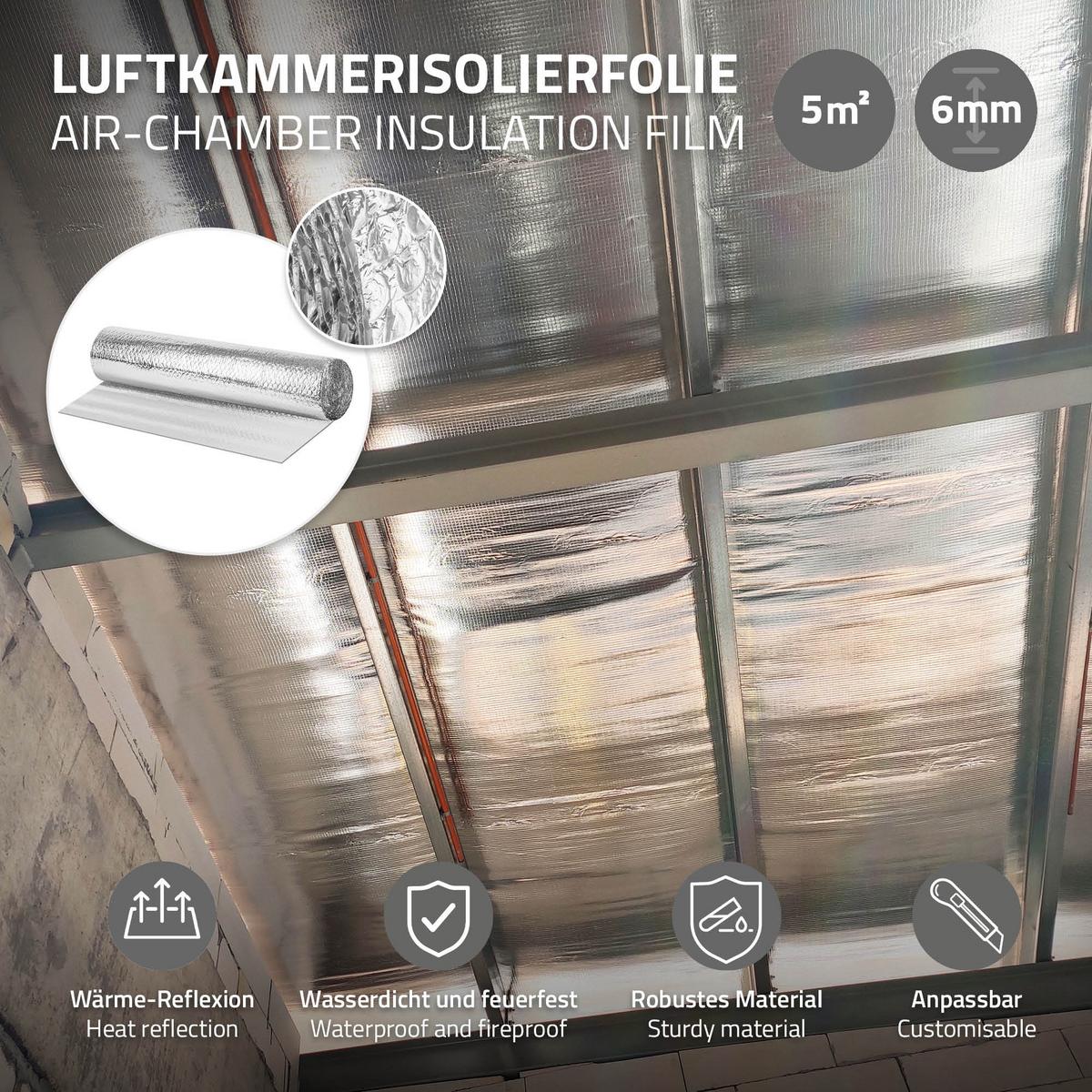 ISOLIERFOLIE 1 x 5 m für Wärmedämmung und Kälteschutz Doppelseitige Alu-Dämmfolie 6mm Dicke - Silberfarben, Kunststoff/Metall (100/0.6/500cm) - ECD-Germany