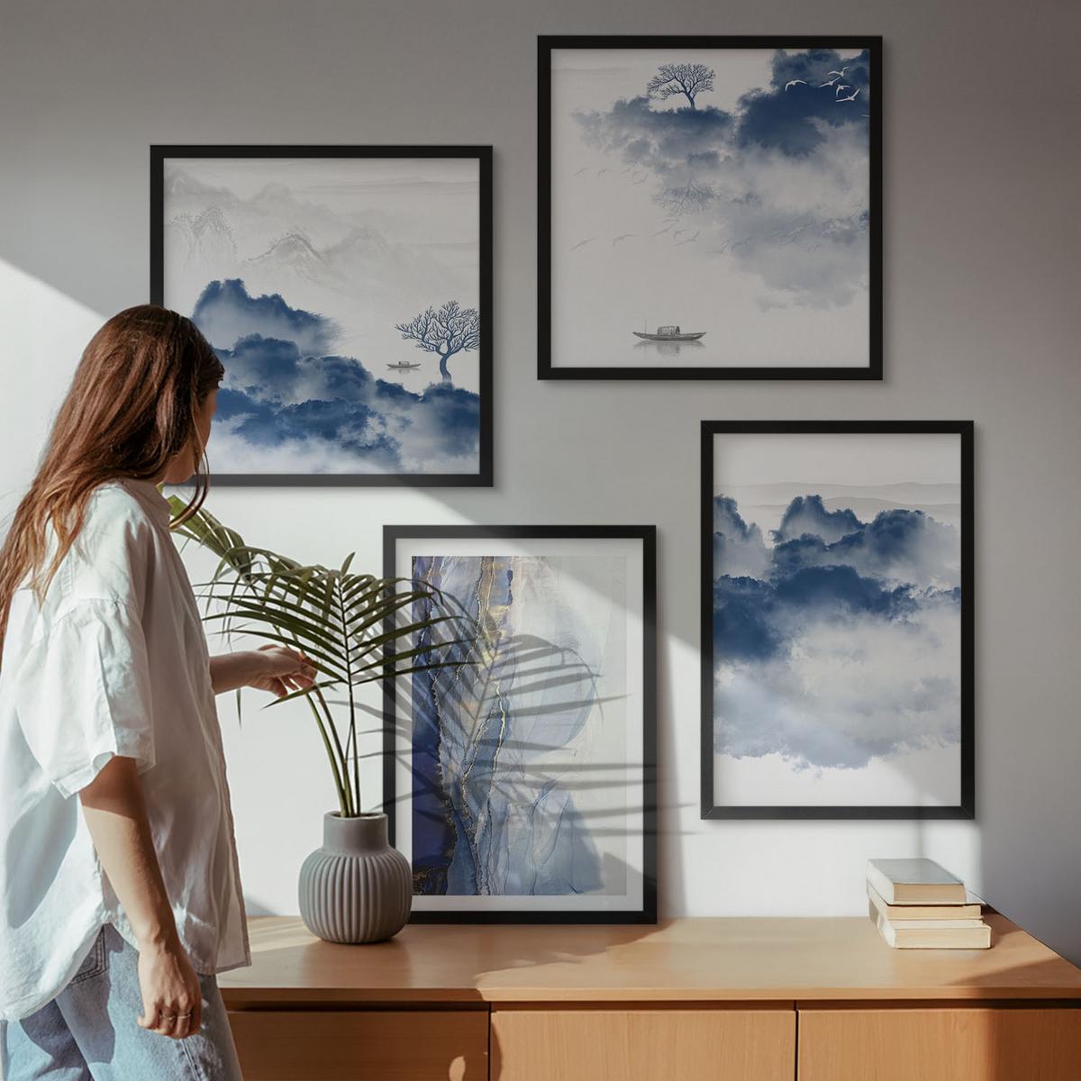 BILDER SET 4er Set - 50x50 cm & 40x60 cm Schwarzer Rahmen - Berge, Wolken, Bäume, Vögel im Hintergrund - Schwarz, Kunststoff (50/50cm) - TULUP