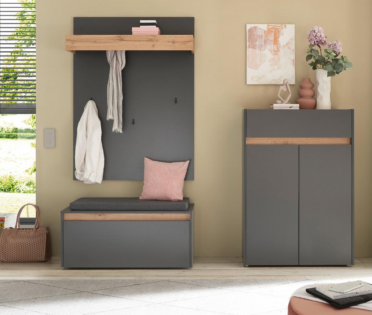 GARDEROBEN-SET grau Eiche Wotan 4-teilig 195 cm, Flurgarderobe inklusive Sitzkissen - Eiche Wotan/Schwarz, Holzwerkstoff/Kunststoff (195/200/40cm) - Furn.Design