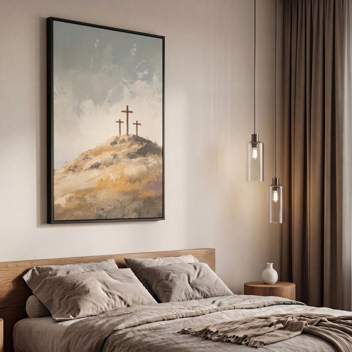 LEINWAND Bilder mit Rahmen - Hügel - Abstrakt - Christentum - Kreuz - 60x90 - Hellgrau, Textil (60/90cm) - MuchoWow