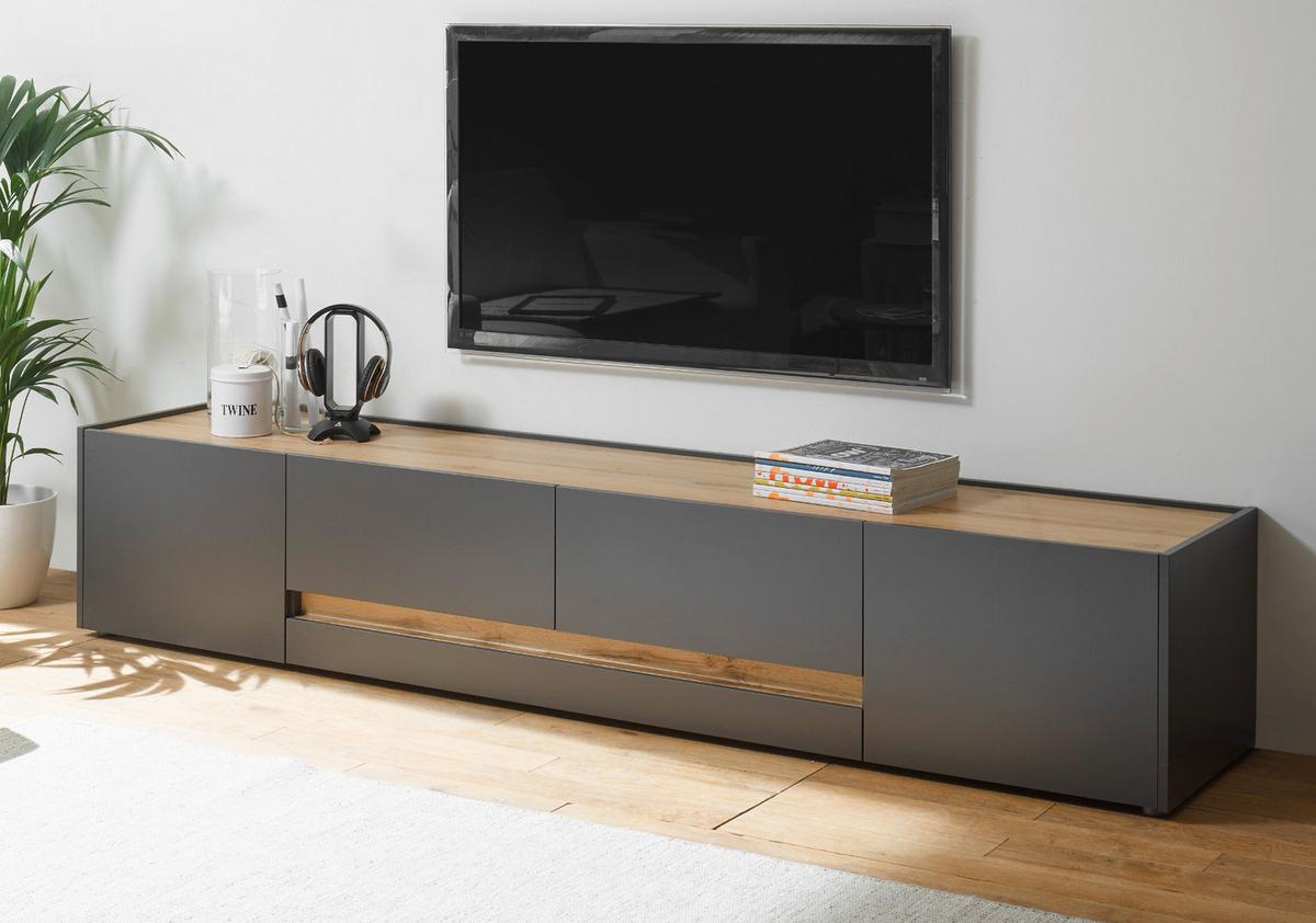 TV-LOWBOARD grau matt, Eiche Wotan 223 cm, großer TV Unterschrank mit viel Stauraum - Eiche Wotan/Schwarz, Holzwerkstoff/Kunststoff (223/40/45cm) - Furn.Design