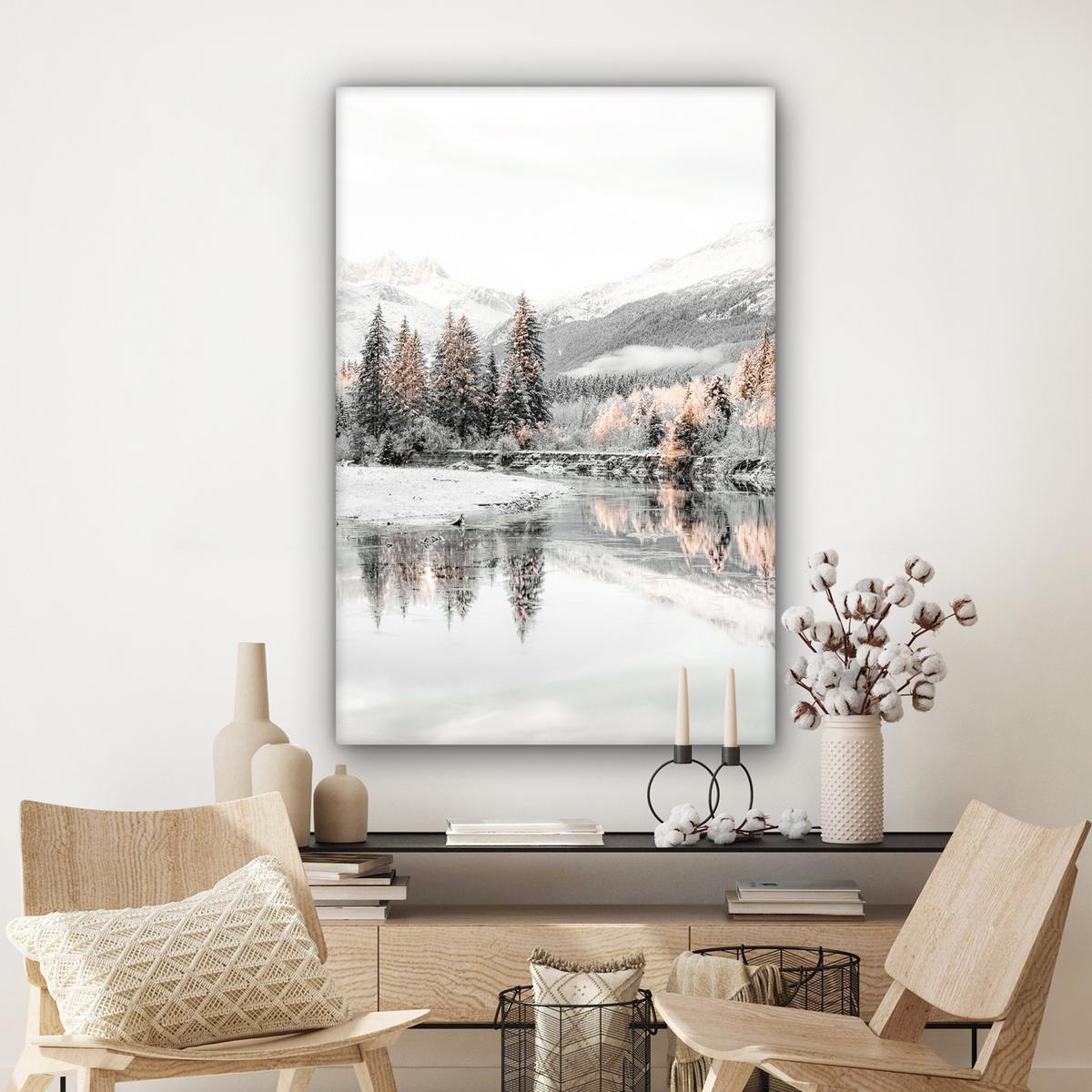 LEINWANDBILD Natur - Winter - Bäume - Berge - Schnee Deko XXL 80x120 cm - Weiß Hochglanz, Textil (80/120cm) - MuchoWow