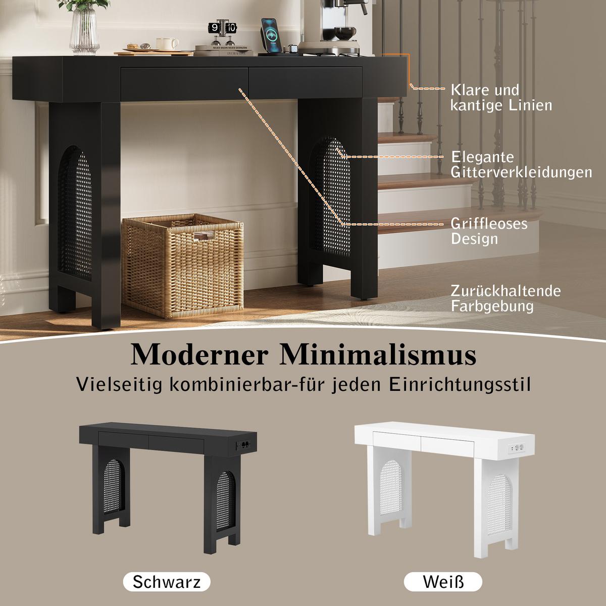 KONSOLENTISCH mit gitterdesign, 2 schubladen & integrierter steckdose - Schwarz, Holzwerkstoff (35.5/120/76.5cm) - Urban Meuble