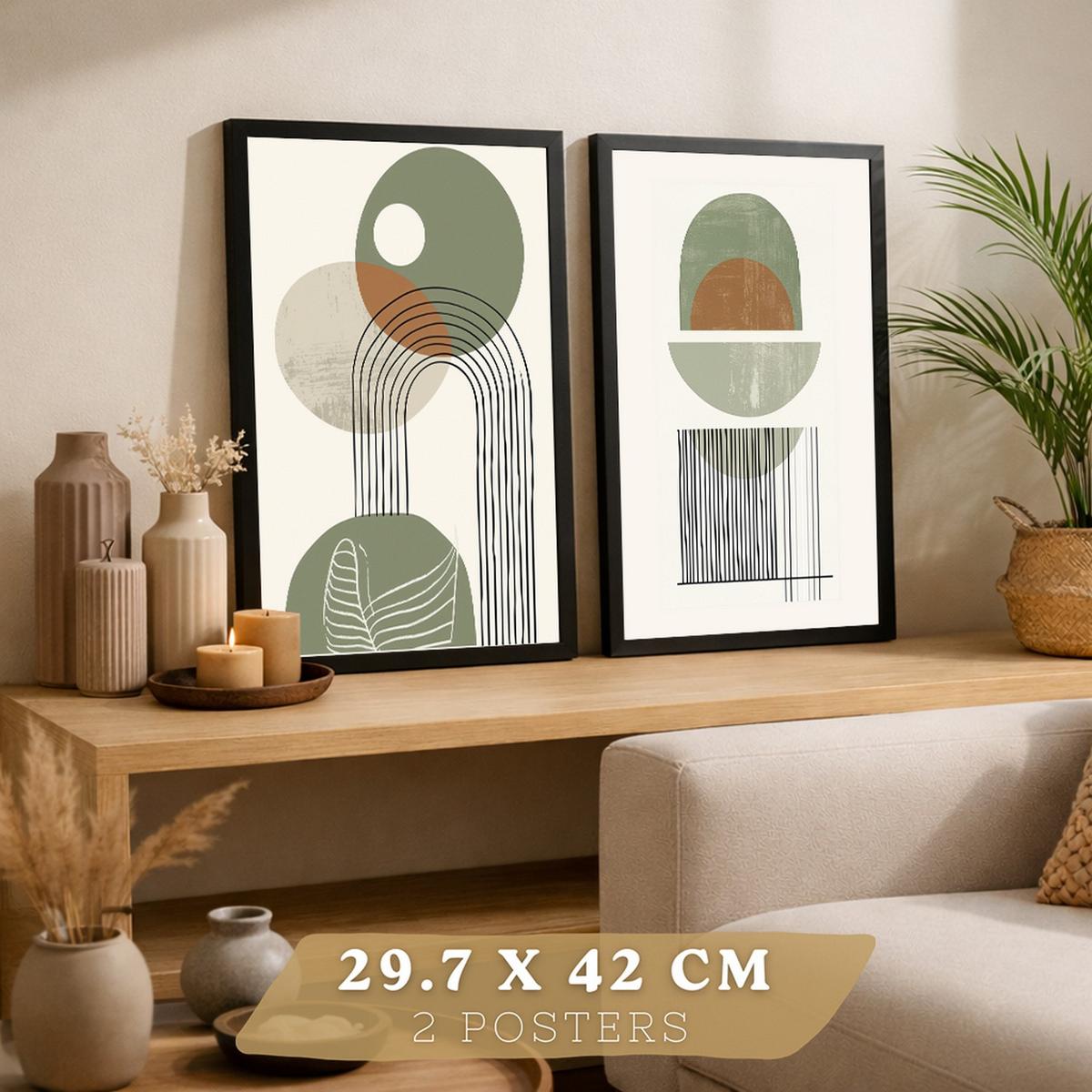 POSTER 3er Kunstdruck-Set Wandbilder Abstrakt Grün modern Wohnzimmer Deko, Schlafzimmer, Küche, Badezimmer Schwarzer Rahmen A3 - Schwarz, Papier (29.7/1/42cm) - Nacnic