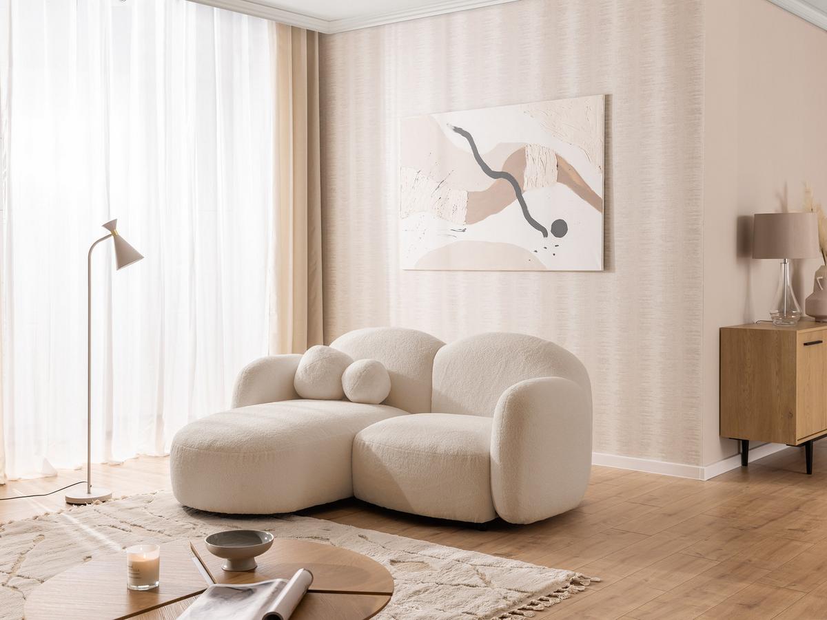 ECKSOFA Nuvola mit abgerundetem Design Hellbeige Bouclé-Stoff - Ottomane Links - Beige/Schwarz, Holz/Kunststoff (190/146cm) - S-Style Möbel