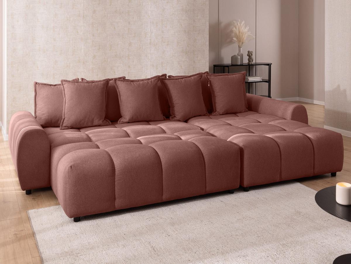 ECKSOFA inkl. Hocker Bubble mit Schlaffunktion und losen Rückenkissen, Sitzfläche Bubble-Optik aus weichem Terrakotta Strukturstoff - Ottomane Rechts - Terracotta/Schwarz, Holz/Kunststoff (306/180cm) - S-Style Möbel