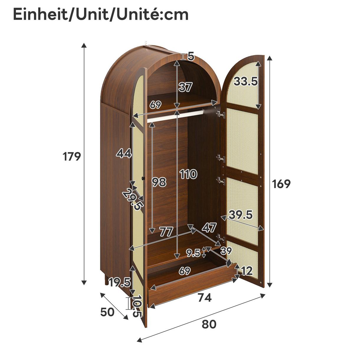 KLEIDERSCHRANK Nussbaum Rattan Gebogene Türen Kleiderstange & Schublade - Walnussfarben, Holzwerkstoff (80/179/50cm) - Urban Meuble
