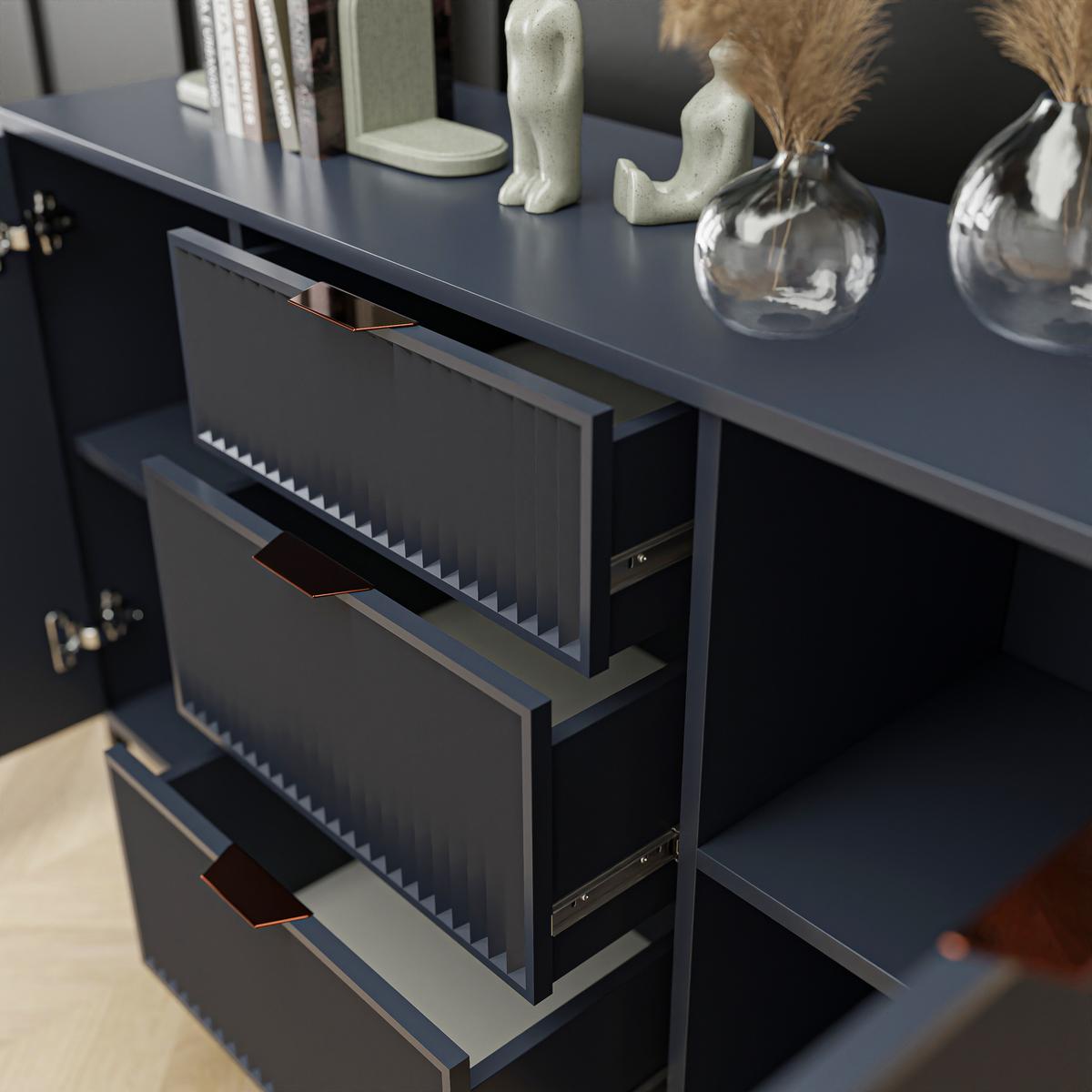 KOMMODE klein Aufbewahrungsschrank mit 3 Schubladen und 2 Türen, Blau - Blau, Holzwerkstoff (135/87/41cm) - Idohome